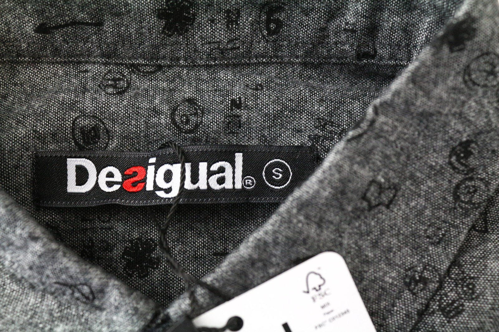 DESIGUAL Didac Men's Shirt S Grey Melange Cotton Long Sleeve Pattern Logo