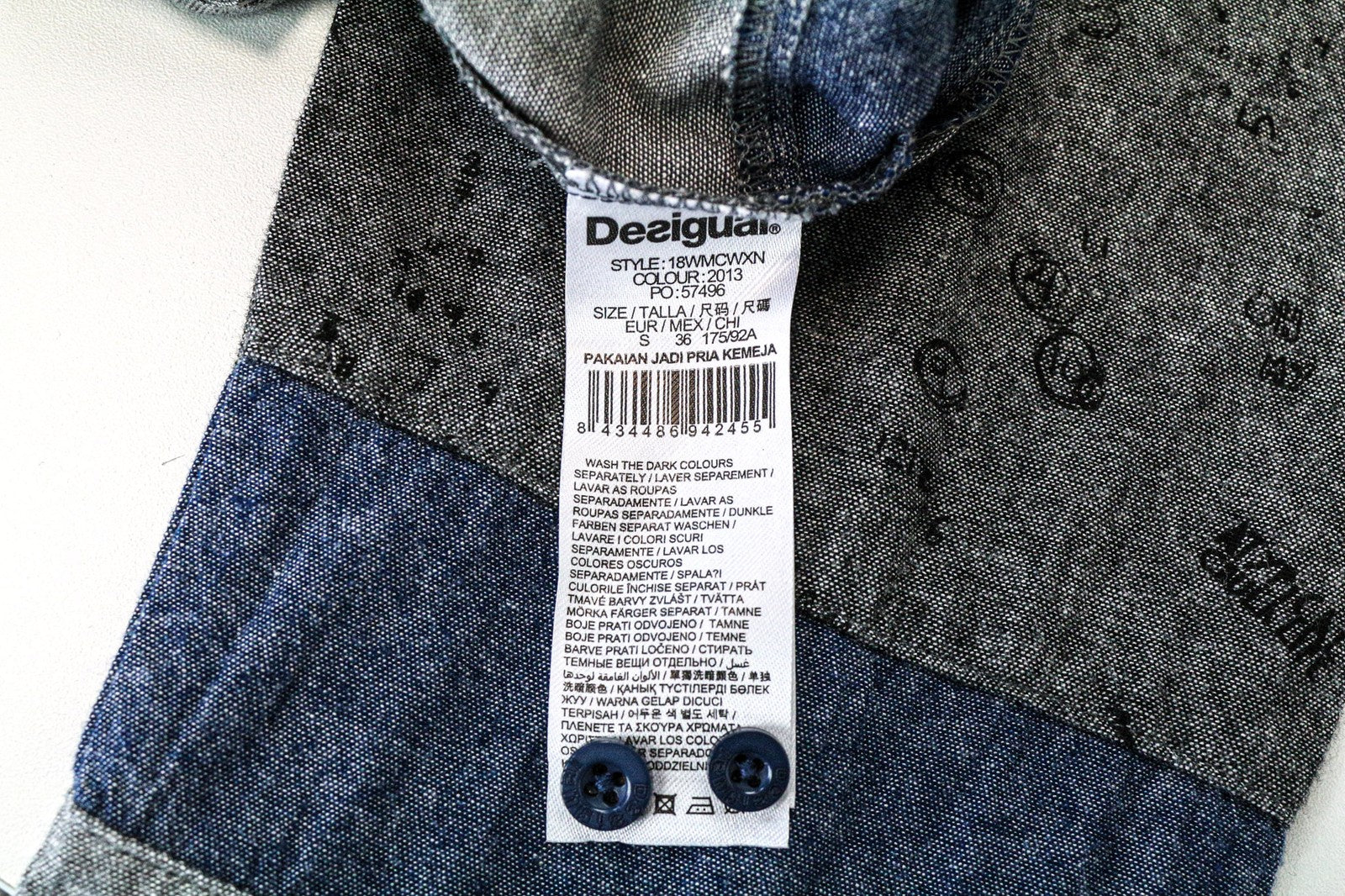 DESIGUAL Didac Men's Shirt S Grey Melange Cotton Long Sleeve Pattern Logo