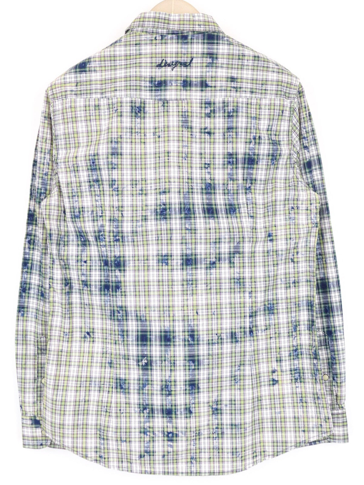 DESIGUAL Leo Men's Shirt S Slim Snaps Checked Pure Cotton Green Blue Pattern