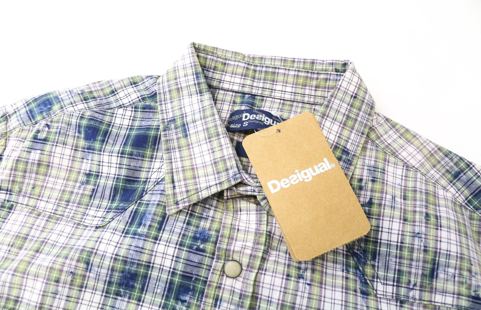 DESIGUAL Leo Men's Shirt S Slim Snaps Checked Pure Cotton Green Blue Pattern