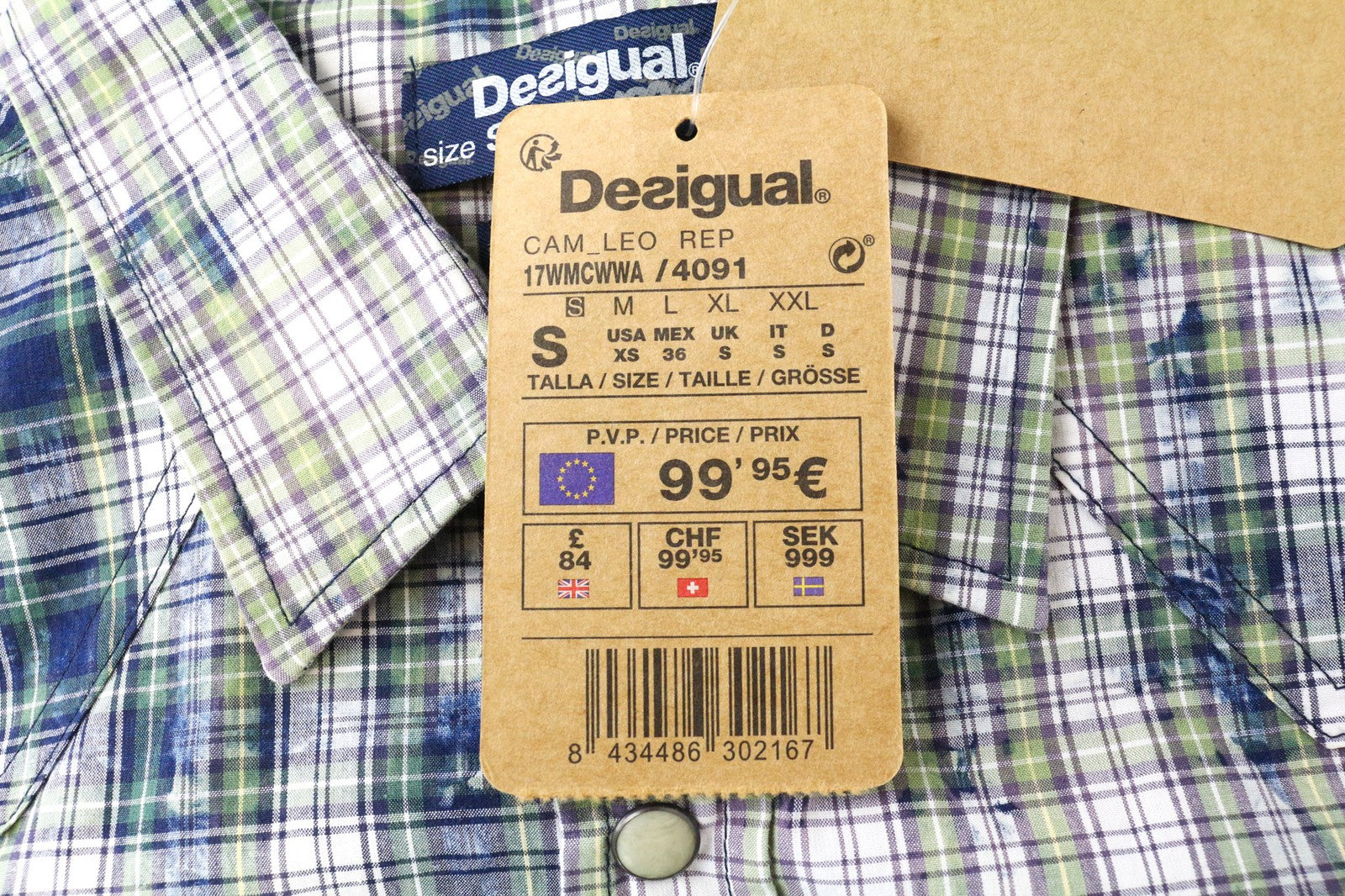 DESIGUAL Leo Men's Shirt S Slim Snaps Checked Pure Cotton Green Blue Pattern