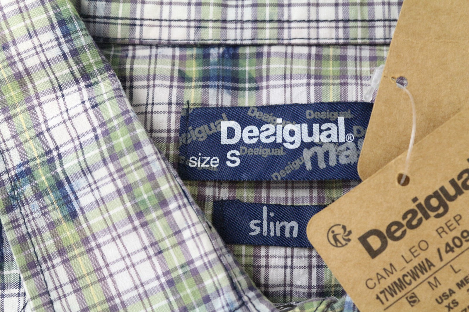 DESIGUAL Leo Men's Shirt S Slim Snaps Checked Pure Cotton Green Blue Pattern