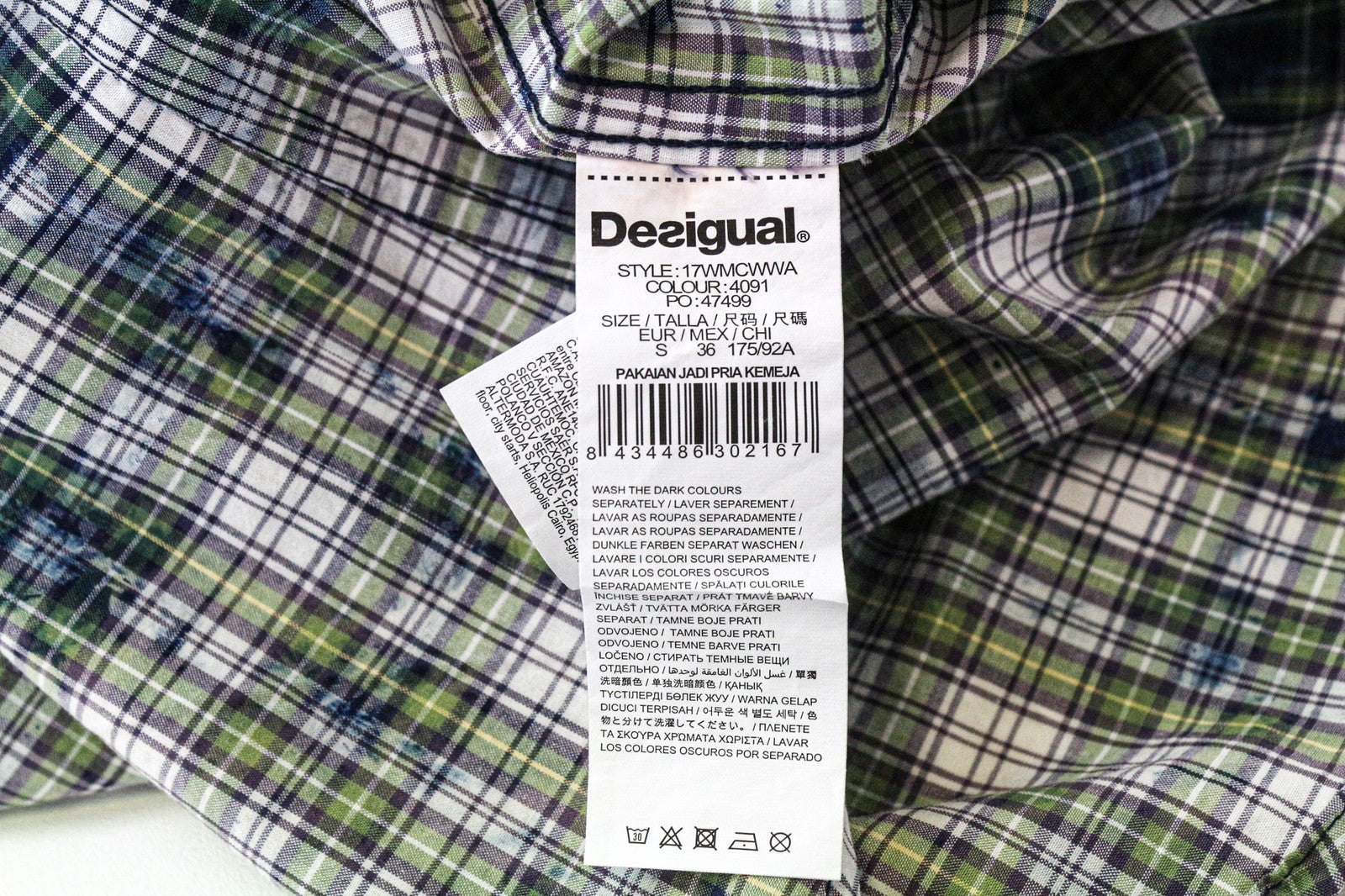 DESIGUAL Leo Men's Shirt S Slim Snaps Checked Pure Cotton Green Blue Pattern