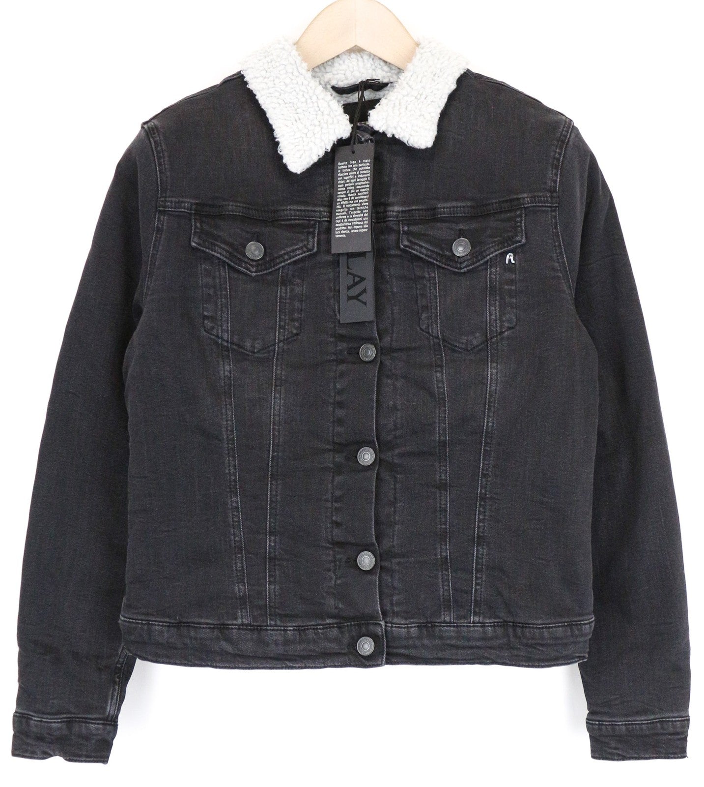 REPLAY Women's Jacket L Black Collared Washed Stretch Cotton Denim Lined Casual