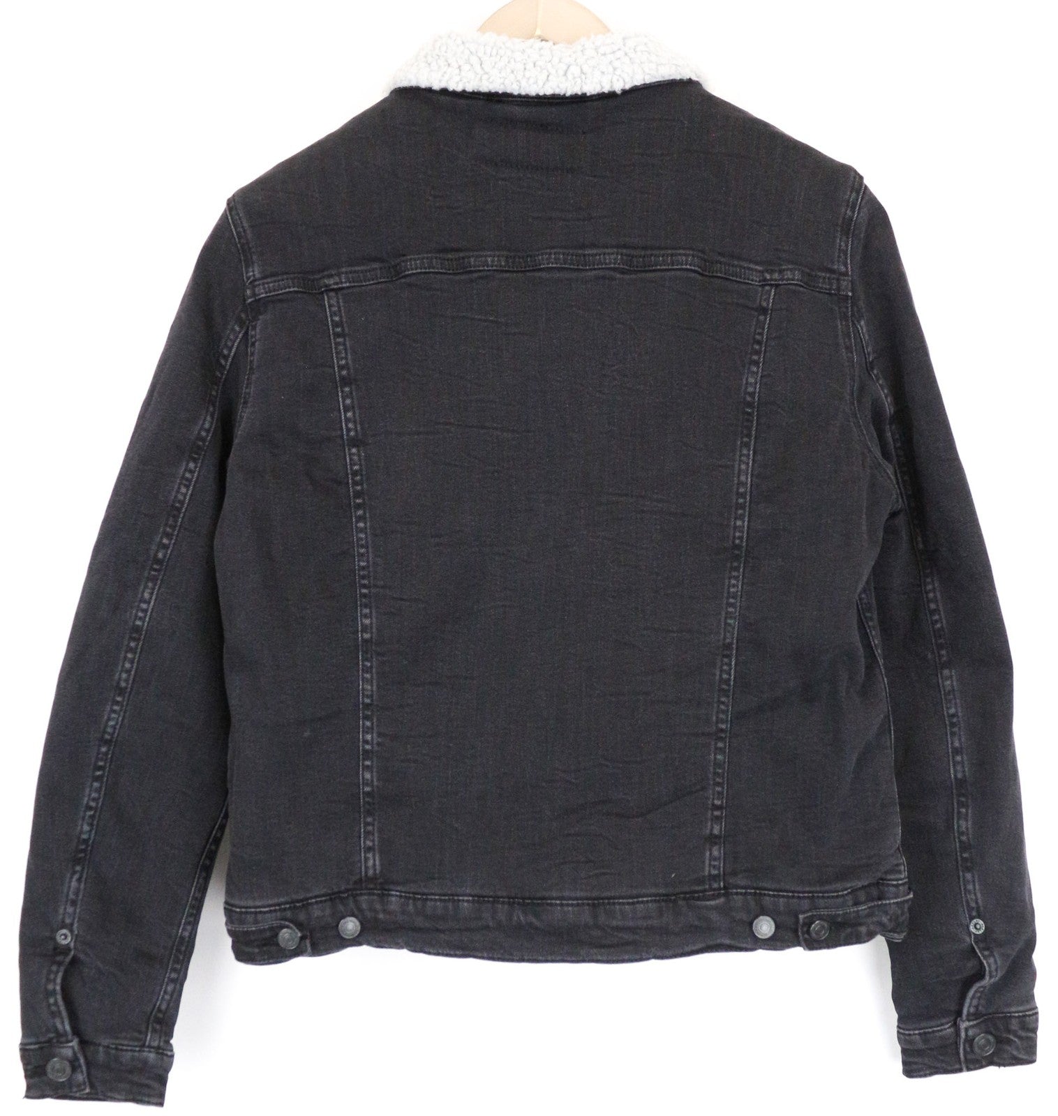 REPLAY Women's Jacket L Black Collared Washed Stretch Cotton Denim Lined Casual