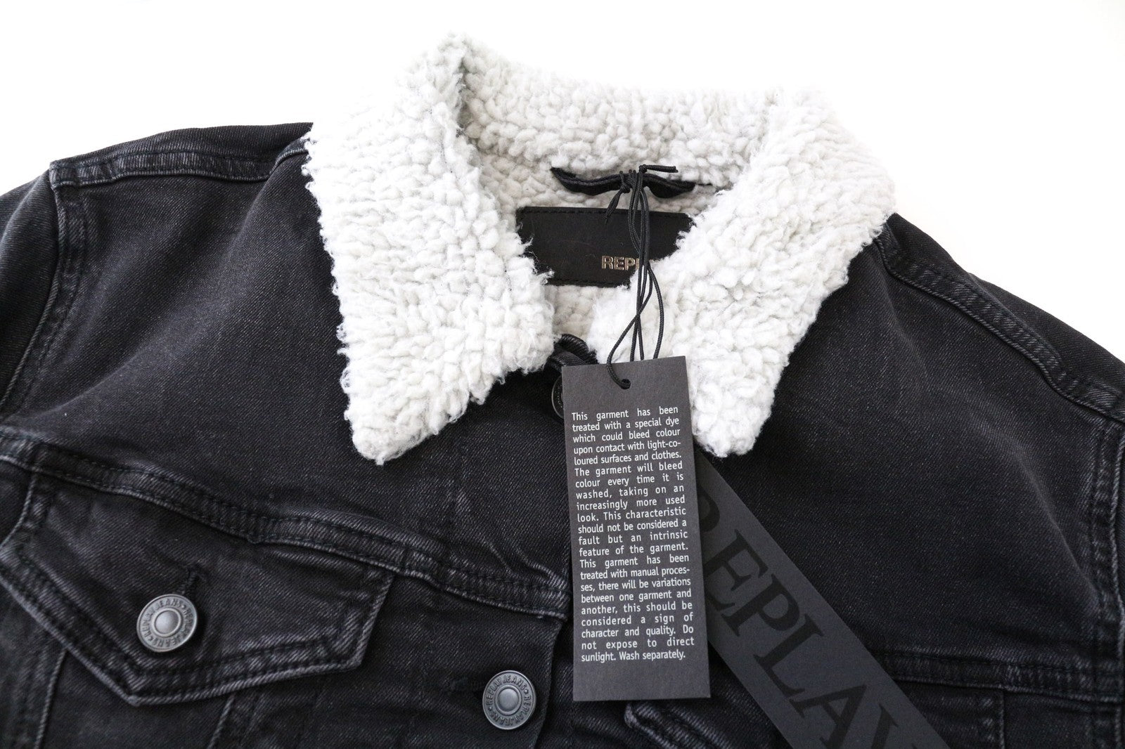 REPLAY Women's Jacket L Black Collared Washed Stretch Cotton Denim Lined Casual