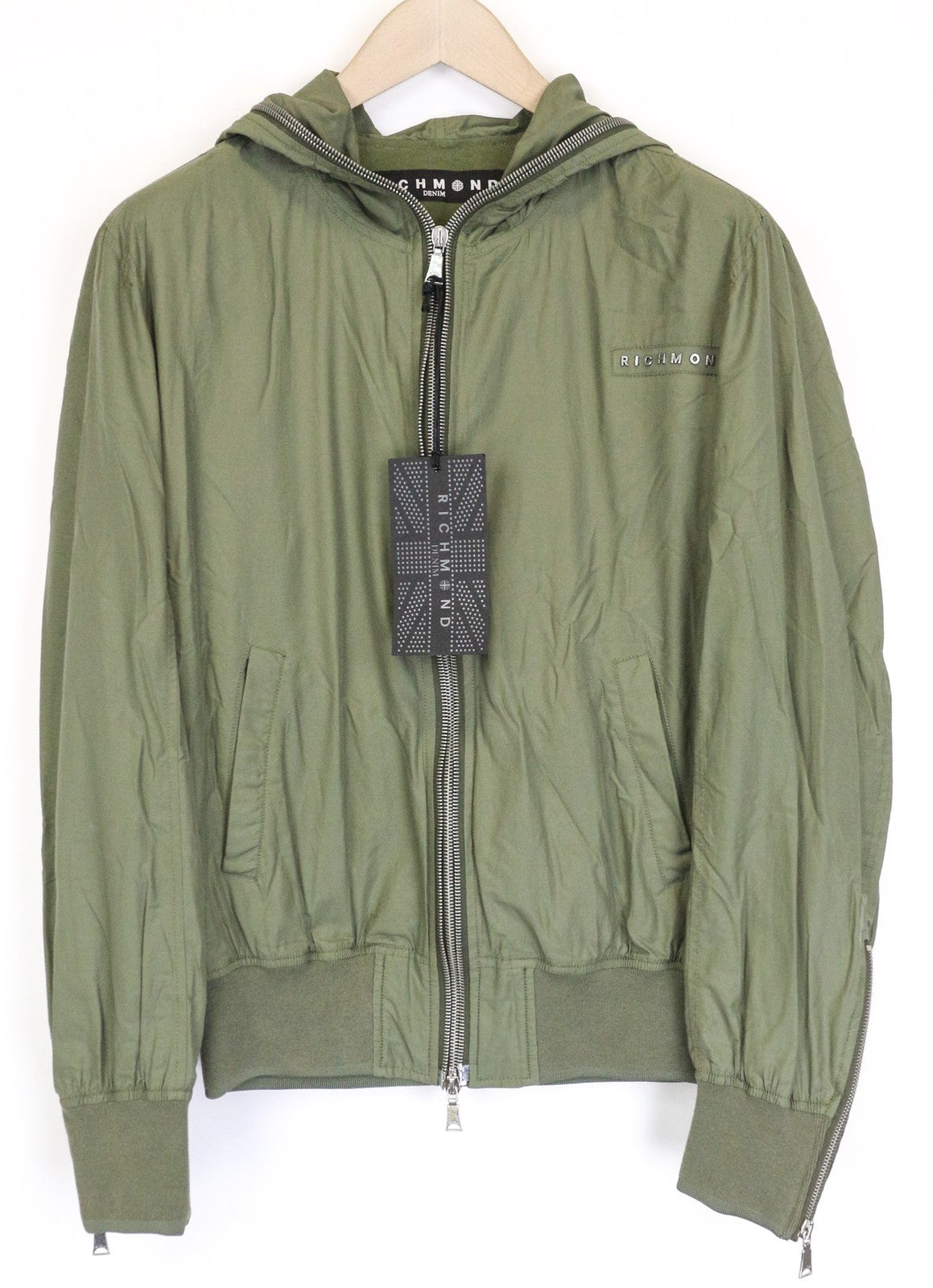 RICHMOND Men's Jacket IT48 Olive Green Hooded Windbreaker Ribbed Logo Casual