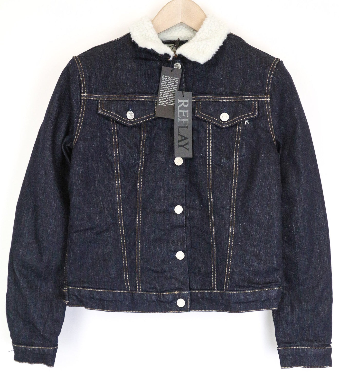 REPLAY Women's Denim Jacket M Blue Short Stretch Teddy Lined Collared Button