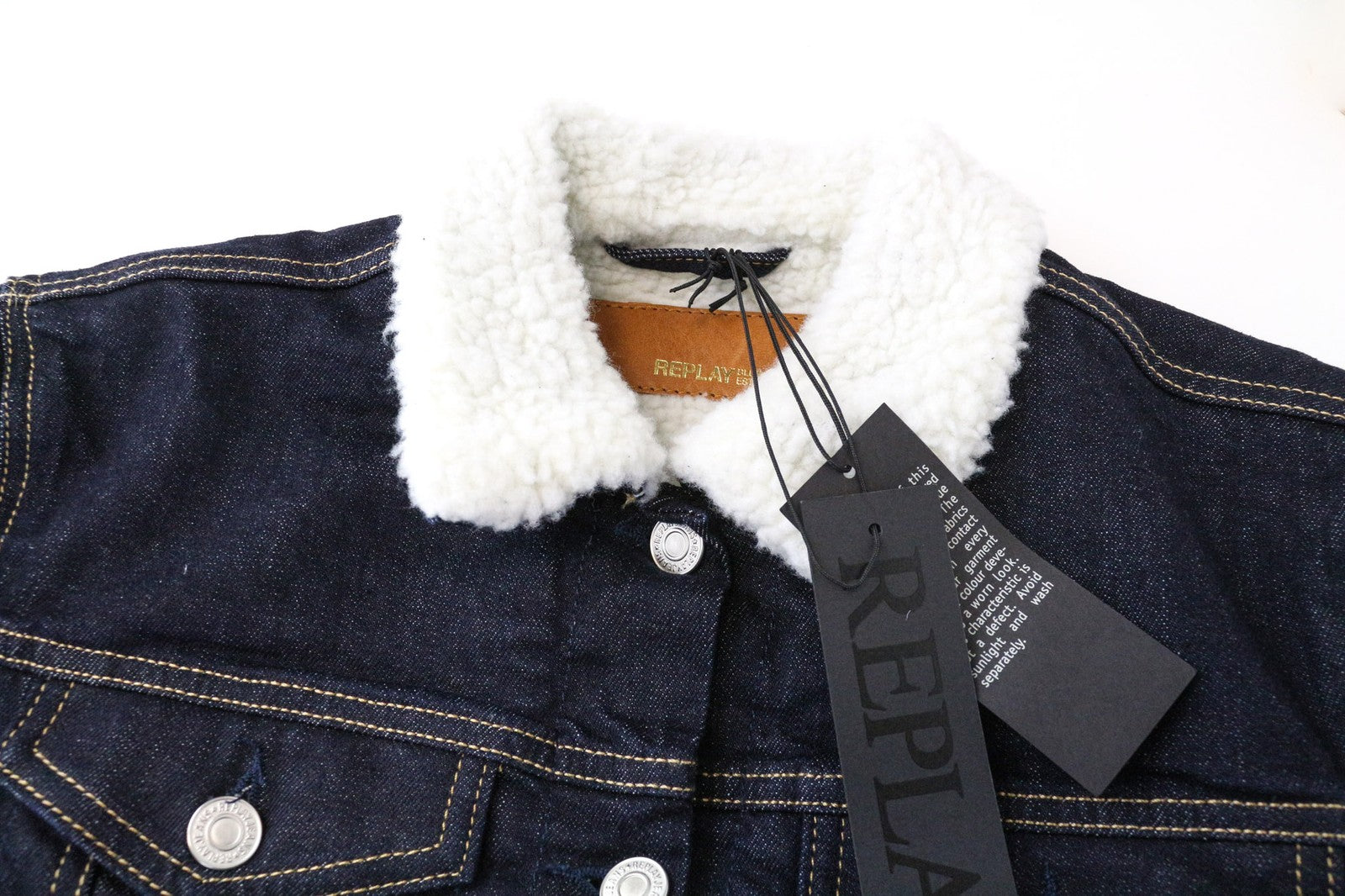 REPLAY Women's Denim Jacket M Blue Short Stretch Teddy Lined Collared Button