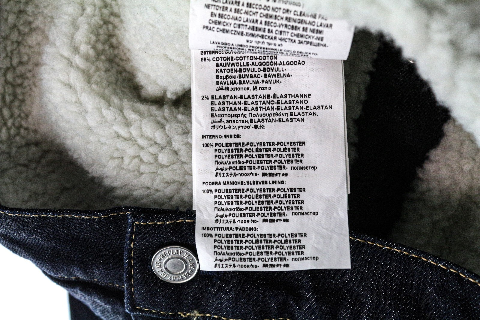 REPLAY Women's Denim Jacket M Blue Short Stretch Teddy Lined Collared Button