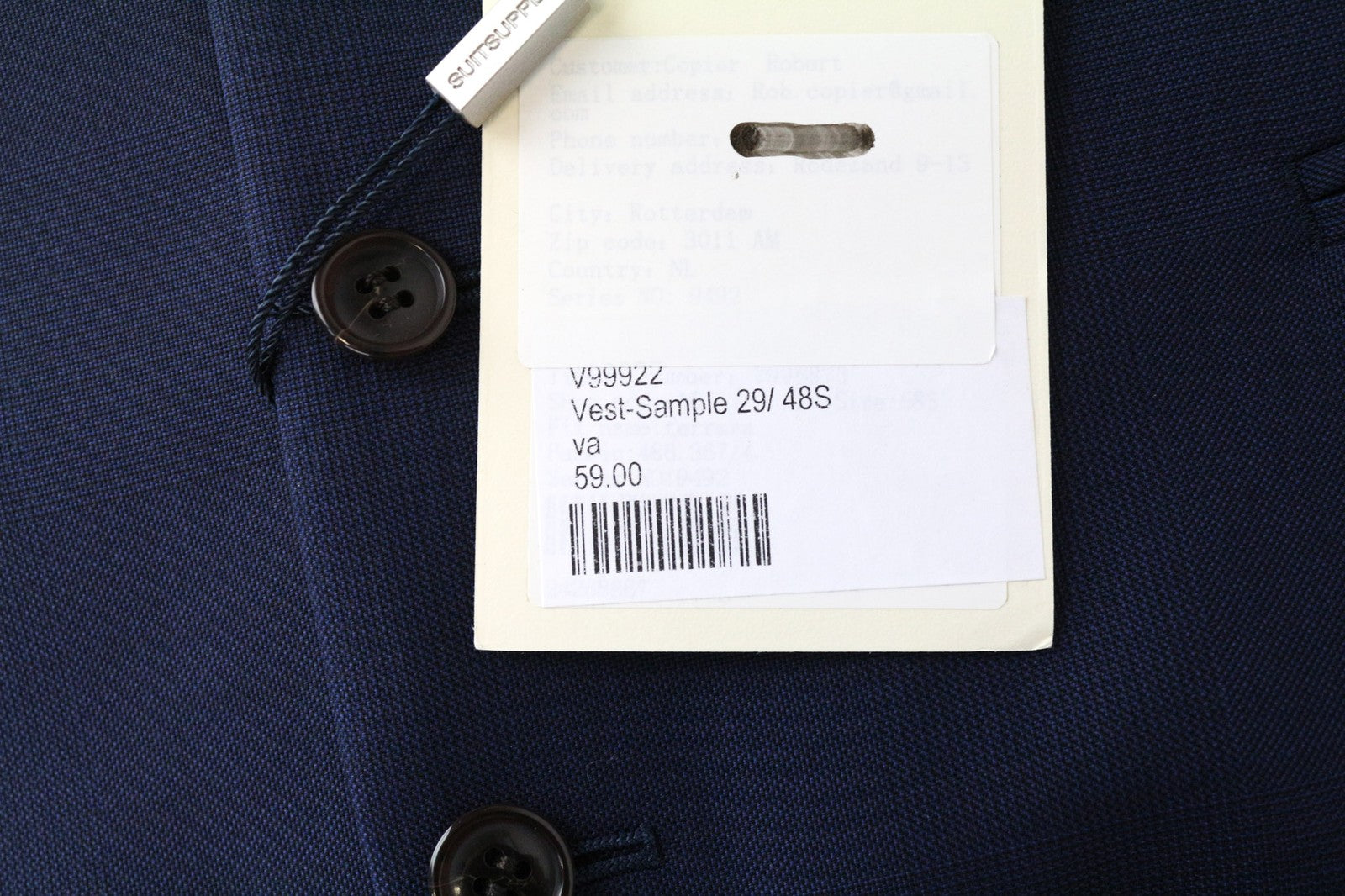 SUITSUPPLY Ferrara Men's Waistcoat UK48S Blue Wool Lined Single-Breasted Classic