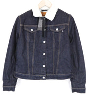 REPLAY Women's Jacket L Dark Blue Denim Cotton Faux Fur Teddy Lined Buttoned