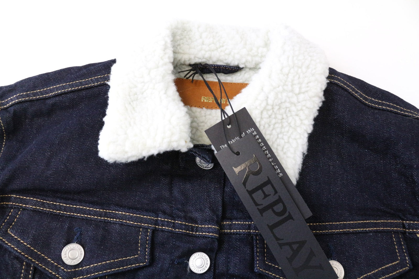 REPLAY Women's Jacket L Dark Blue Denim Cotton Faux Fur Teddy Lined Buttoned