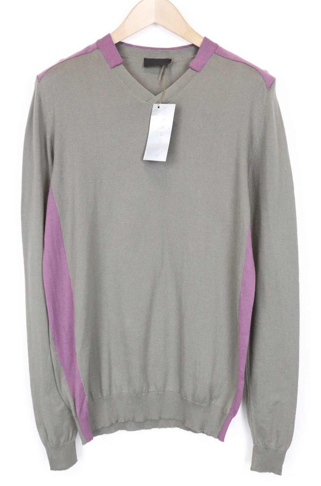 RICHMOND Men's Jumper IT50 Grey V-Neck Tight-Knit Patched Pure Cotton Sweater