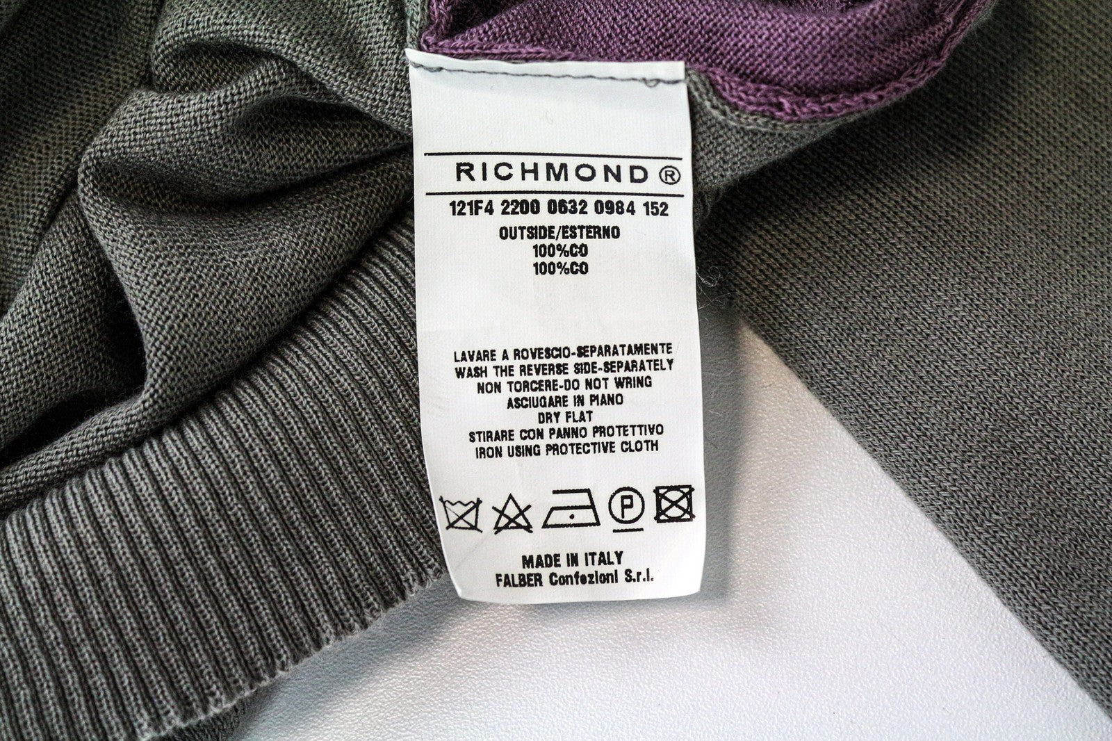 RICHMOND Men's Jumper IT50 Grey V-Neck Tight-Knit Patched Pure Cotton Sweater