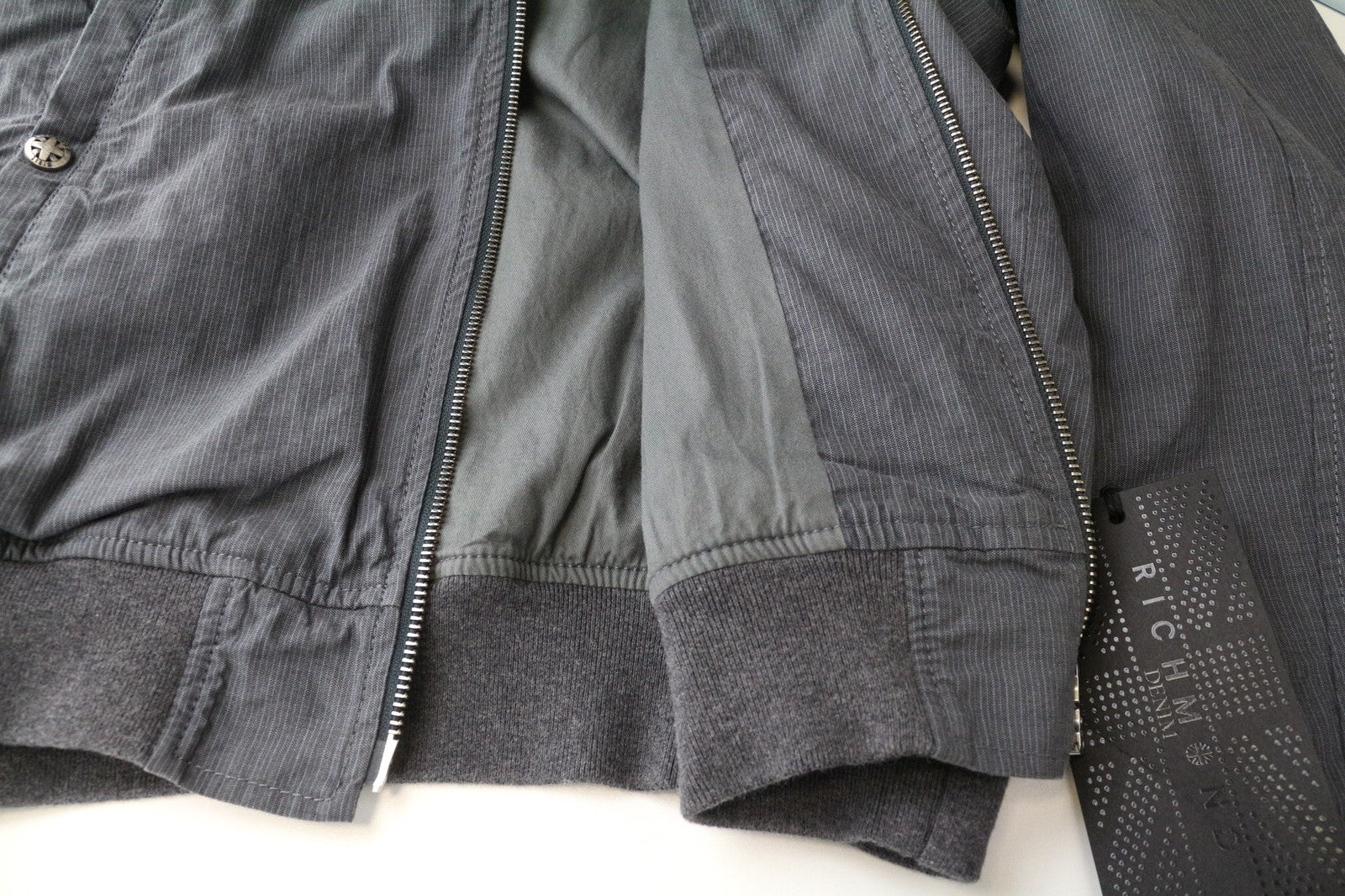 RICHMOND Men's Jacket 48 Grey Stripe Bomber Pure Cotton Lightweight Pattern