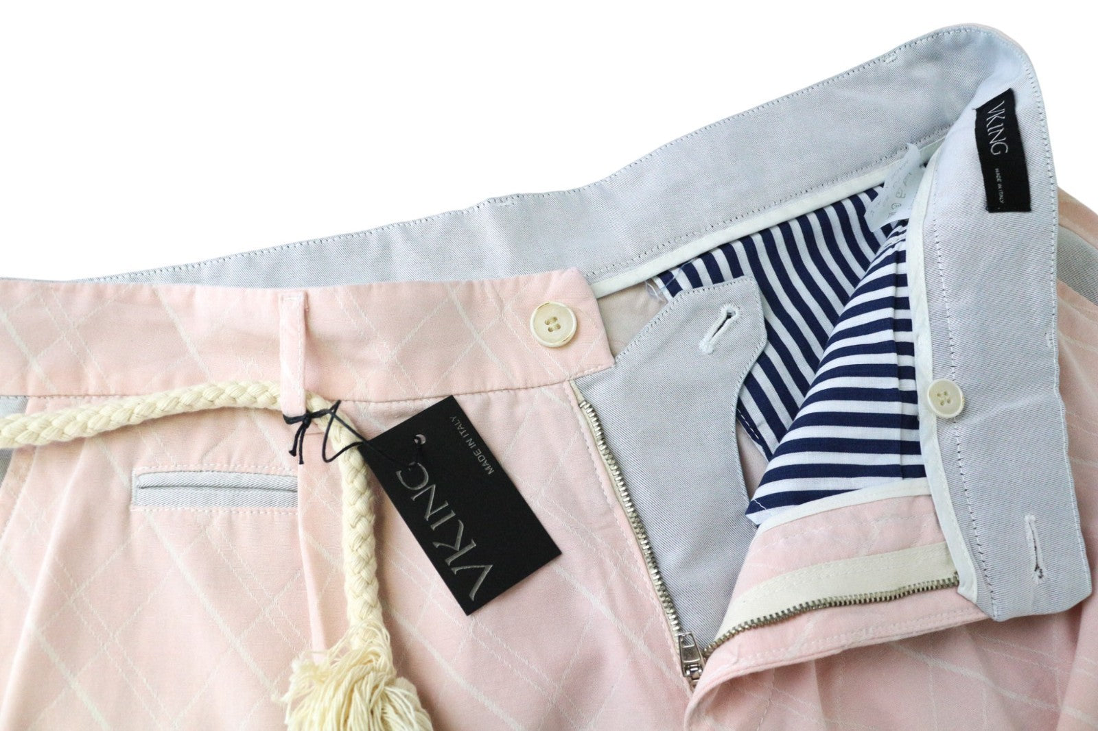 VKING Men's Shorts 52 Pink Summer Cotton Belted Pleated Pattern Turn-Up