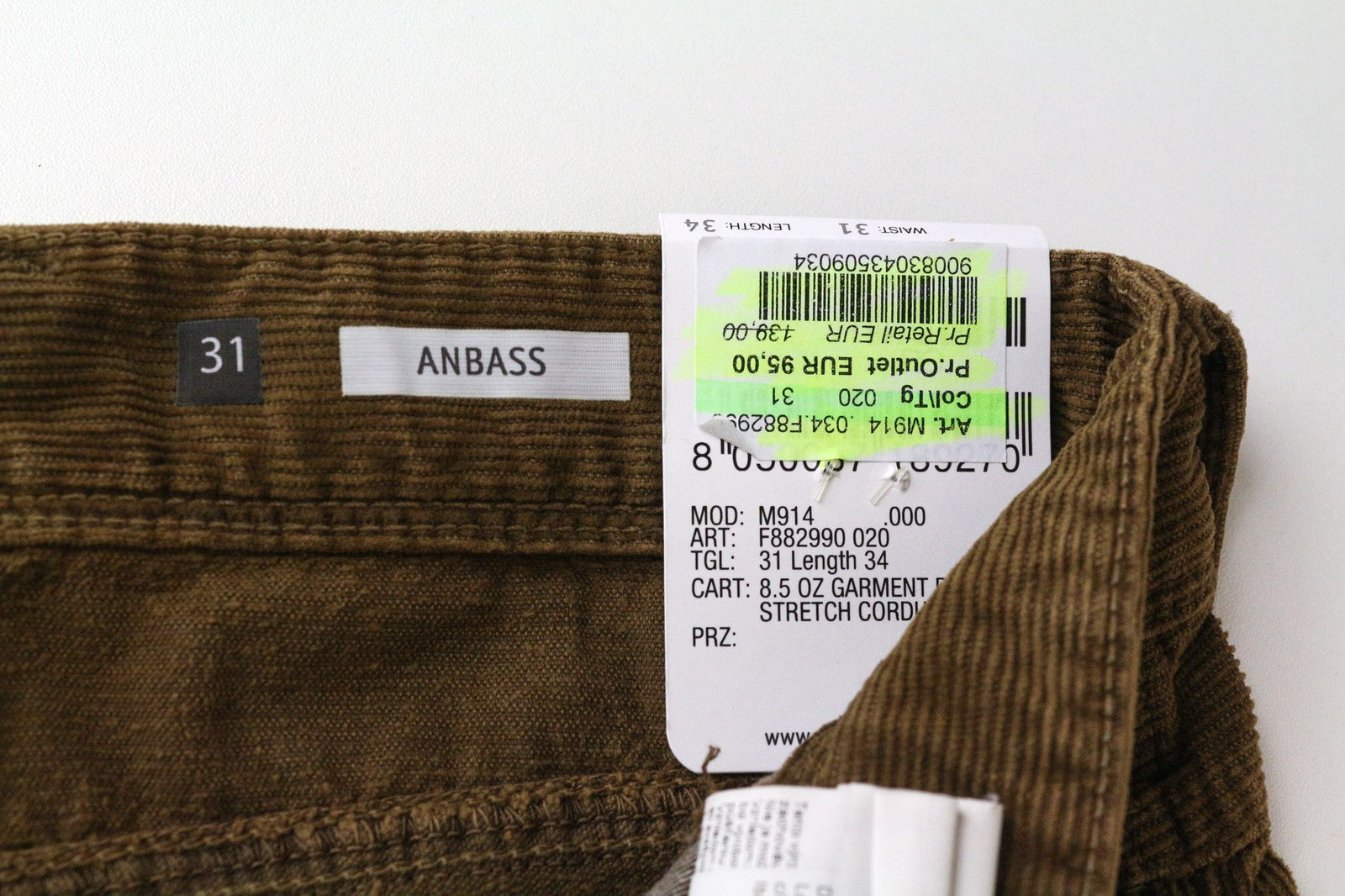 REPLAY Anbass Men's Corduroy Trousers W31/L34 Slim Fit Brown Stretch Cotton