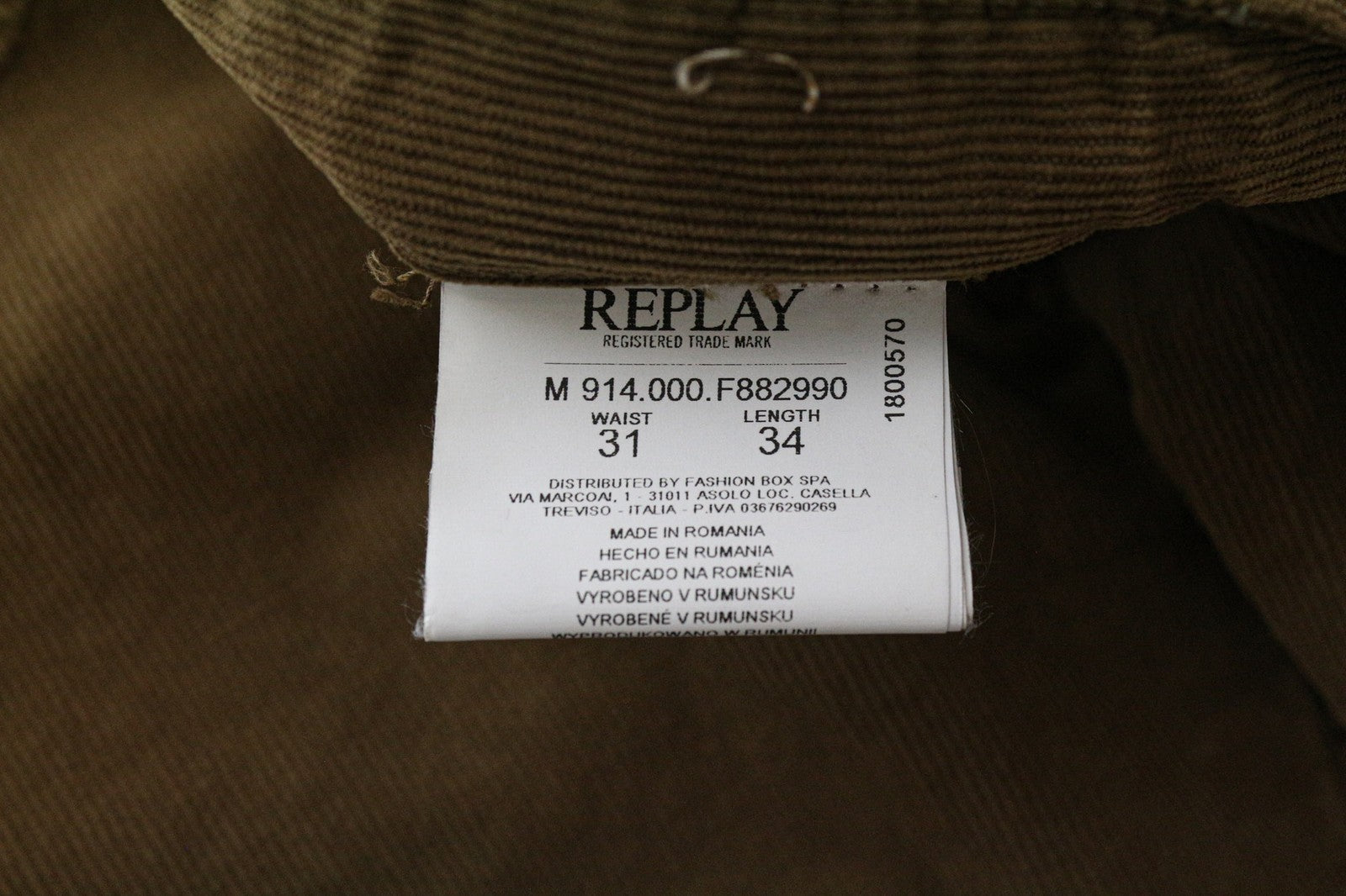 REPLAY Anbass Men's Corduroy Trousers W31/L34 Slim Fit Brown Stretch Cotton