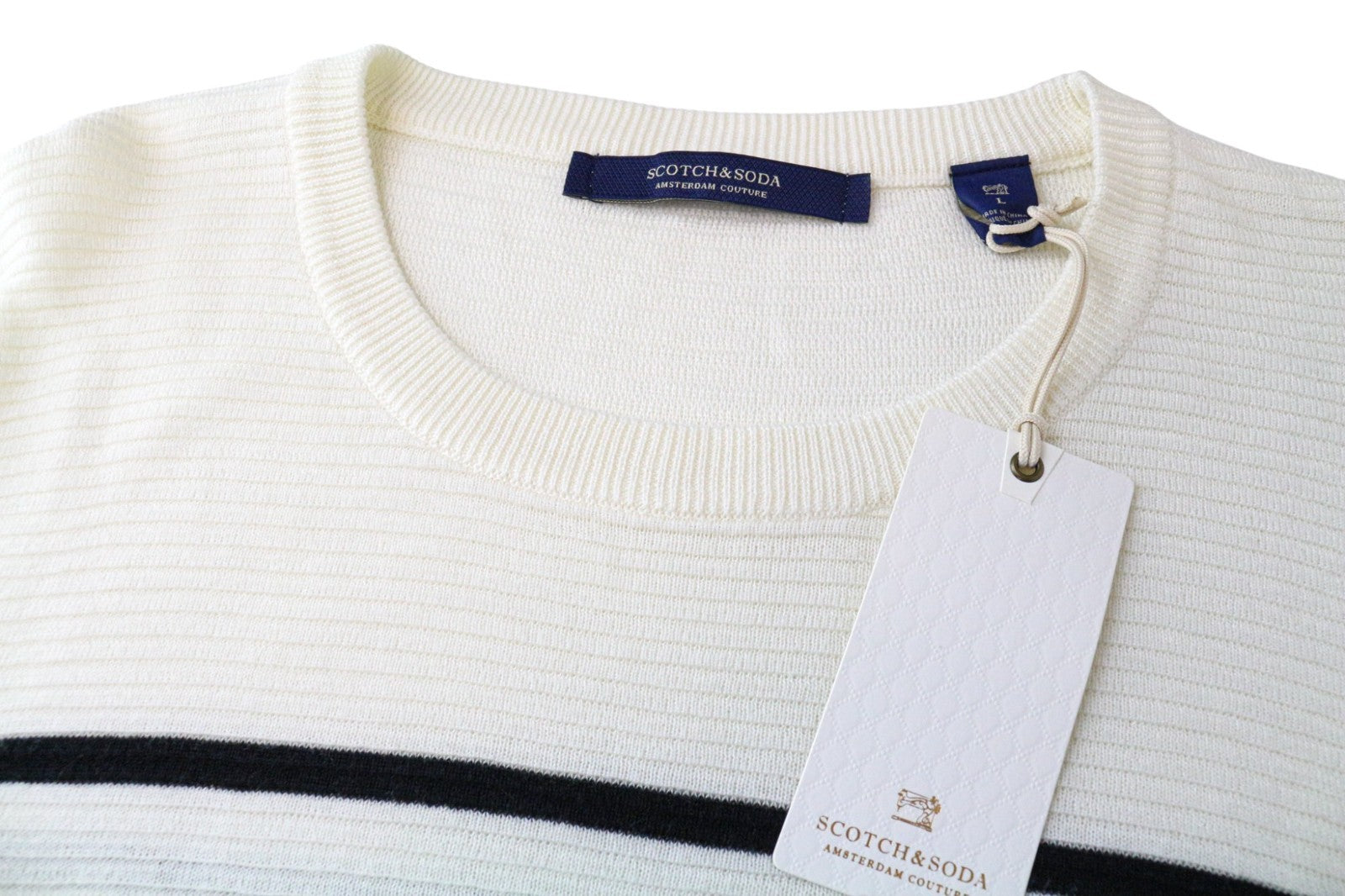 SCOTCH & SODA Ams Couture Men's Sweatshirt L Off-White Striped Cotton