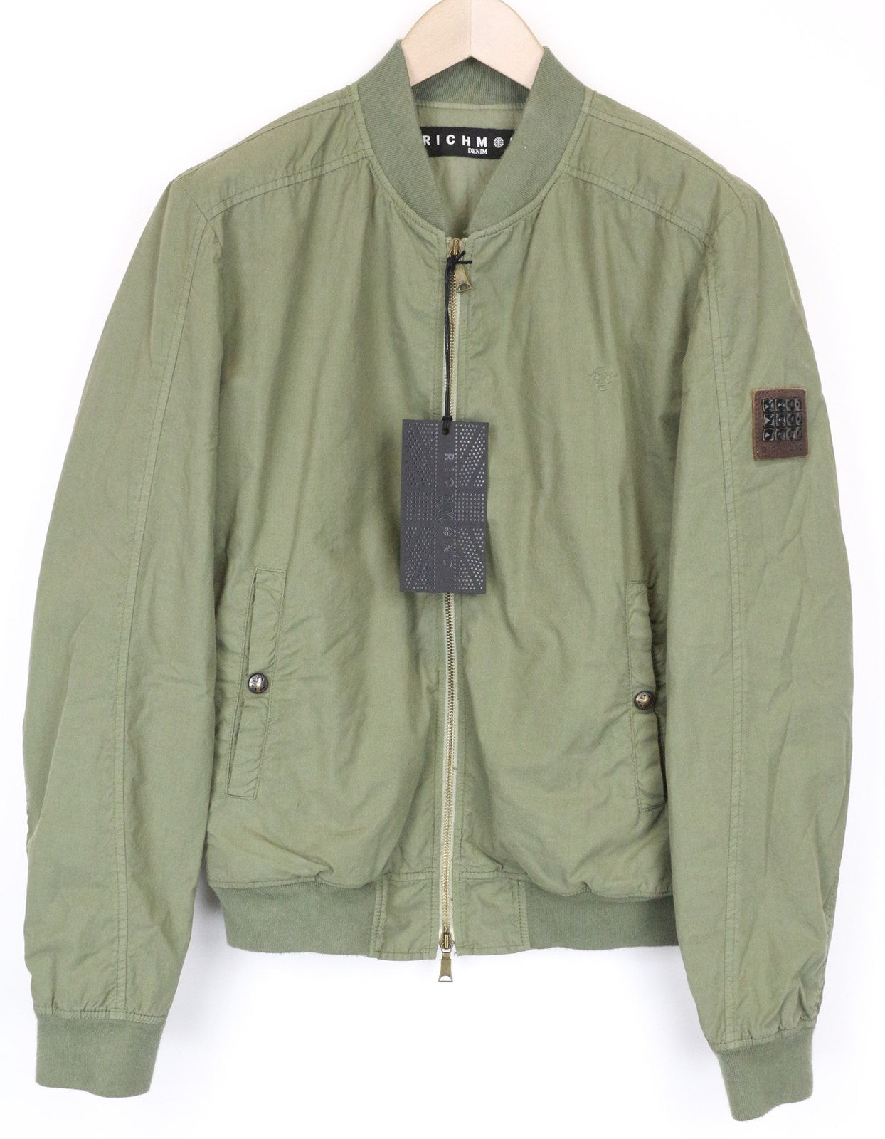 RICHMOND Men's Jacket IT48 Olive Green Pure Cotton Bomber Designer Patched