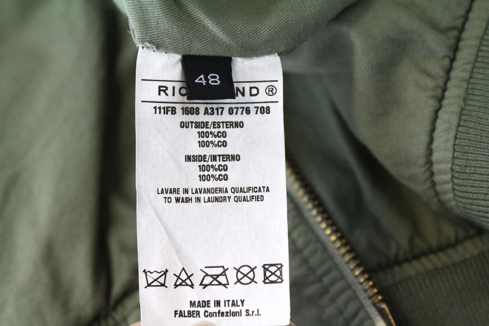 RICHMOND Men's Jacket IT48 Olive Green Pure Cotton Bomber Designer Patched