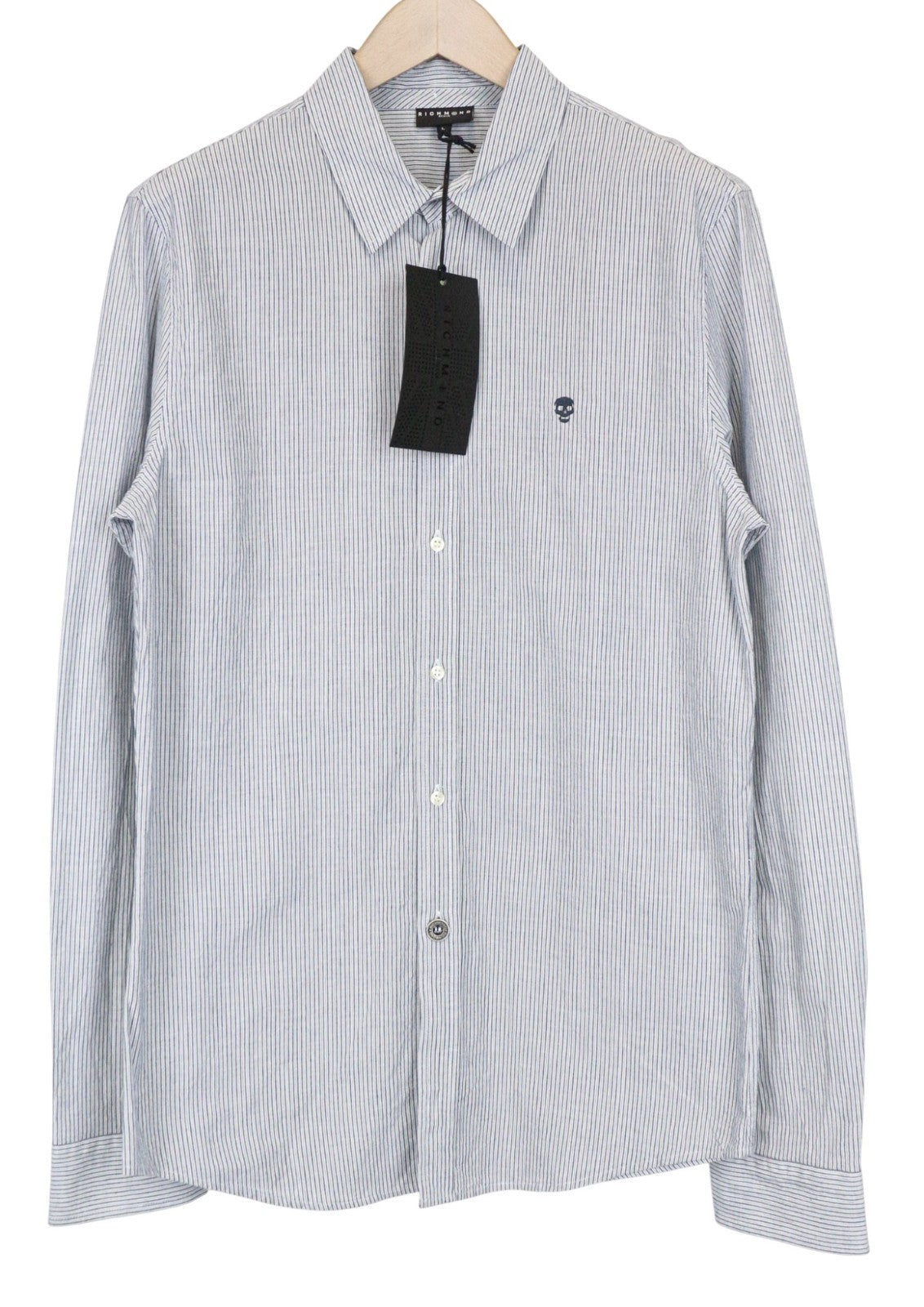 RICHMOND Men's Shirt L Blue Designer Cotton Striped Embroidered Logo Classic