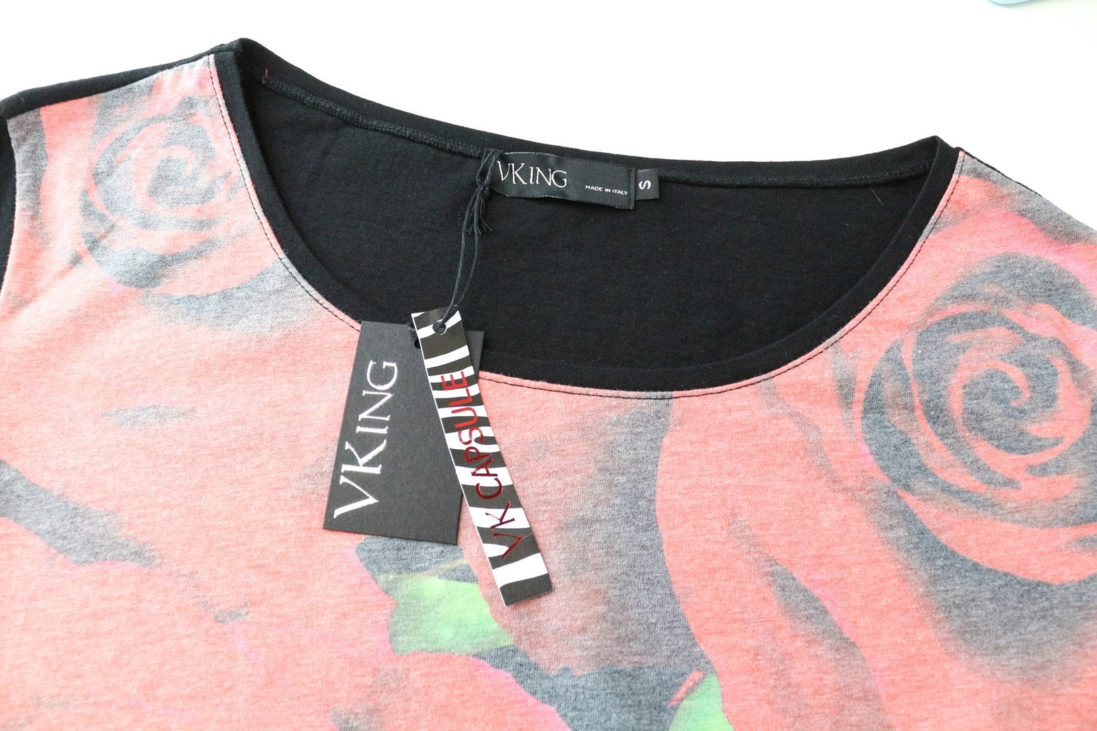 VKING Rose Men's T-Shirt S Black Jersey Floral Cotton Blend Graphic Pattern