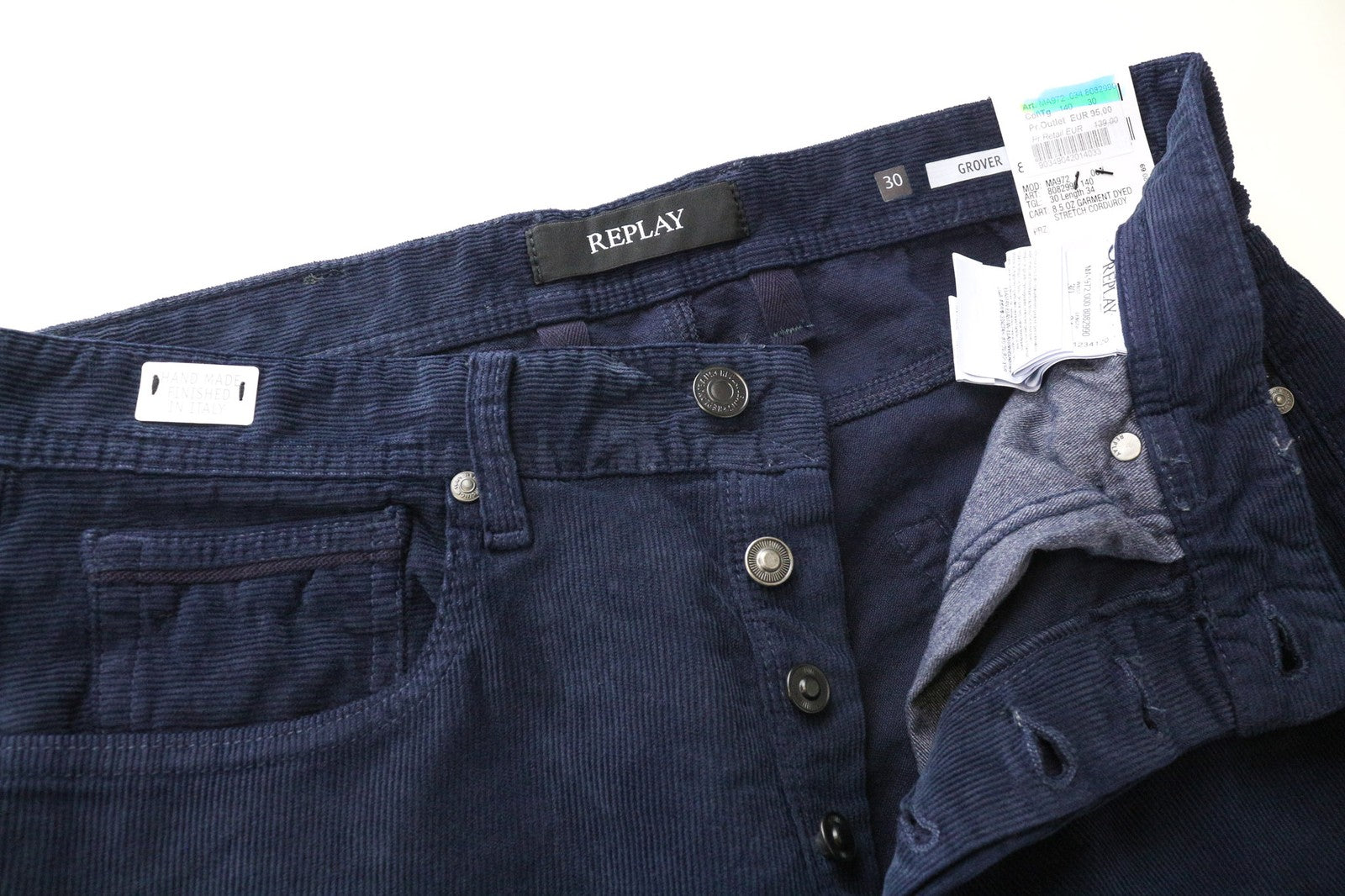 REPLAY Grover Men's Trousers W30/L34 Straight Fit Blue Corduroy Cotton Stretch