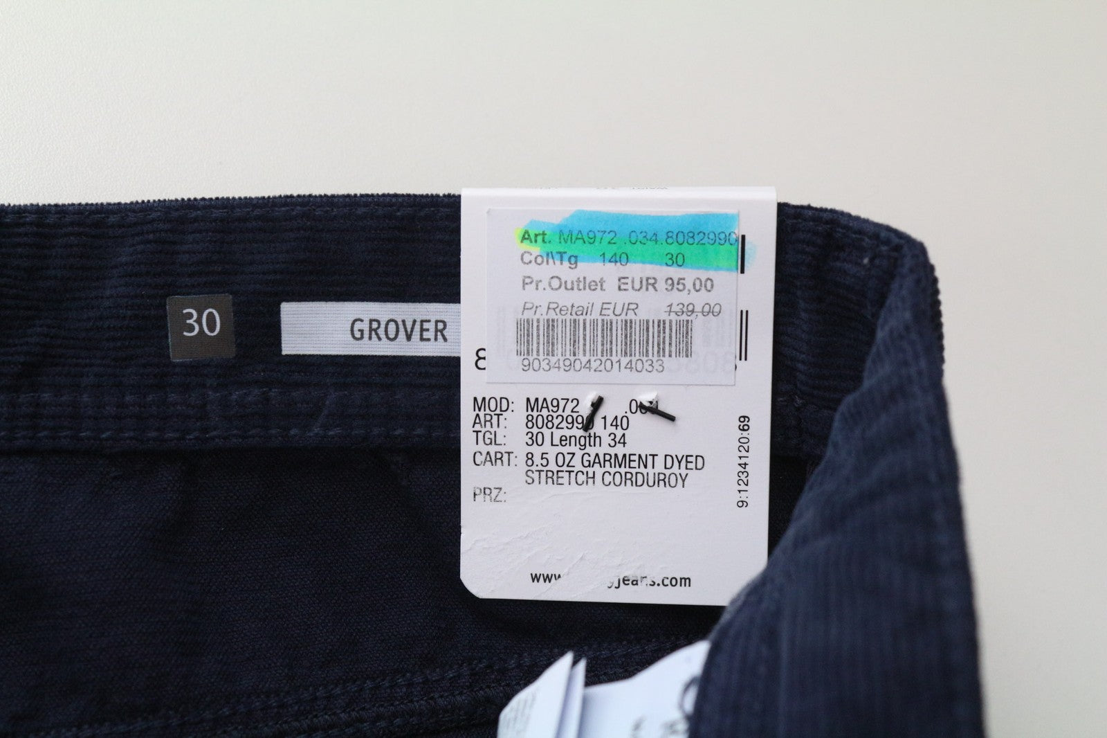 REPLAY Grover Men's Trousers W30/L34 Straight Fit Blue Corduroy Cotton Stretch