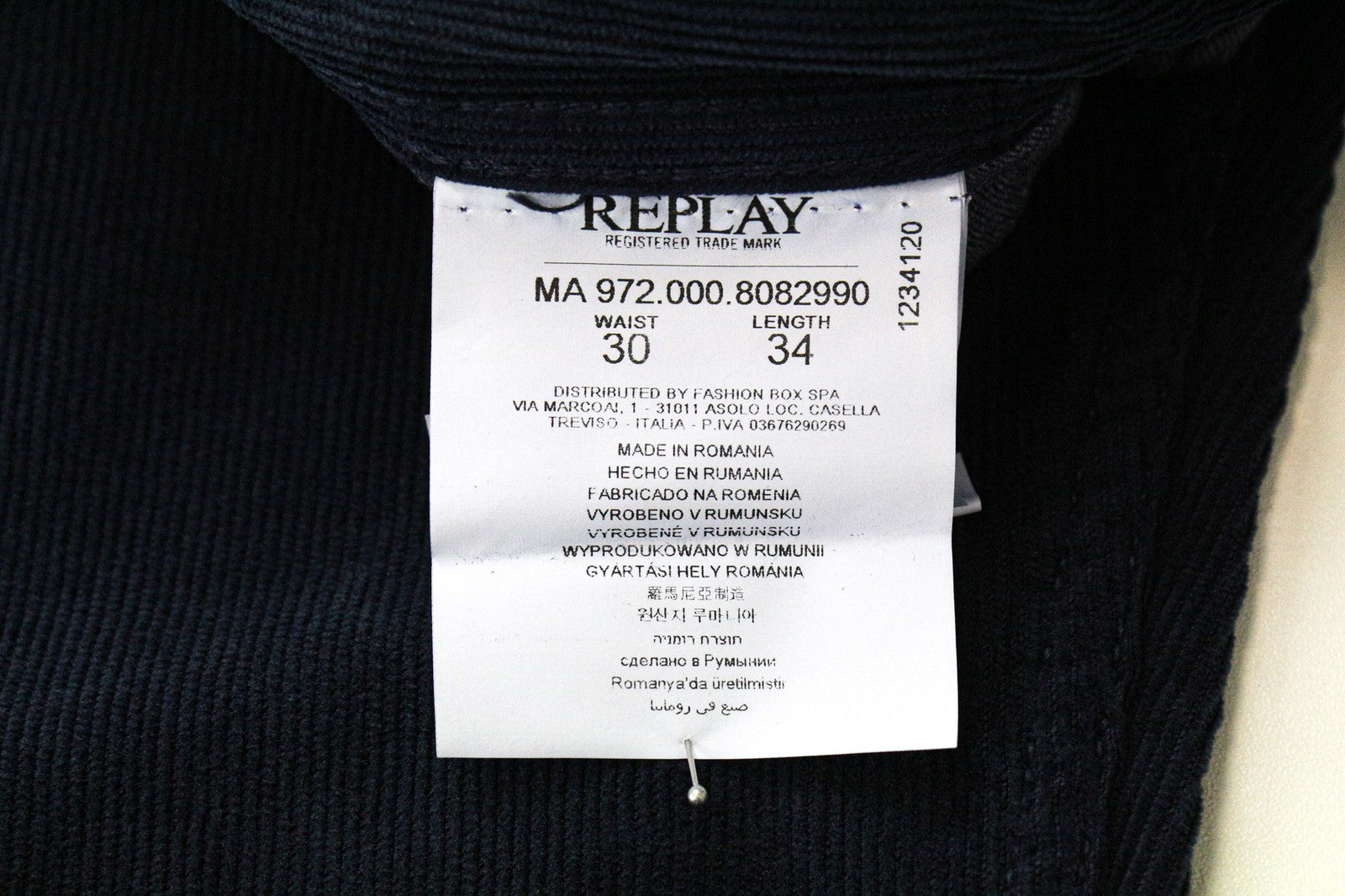 REPLAY Grover Men's Trousers W30/L34 Straight Fit Blue Corduroy Cotton Stretch