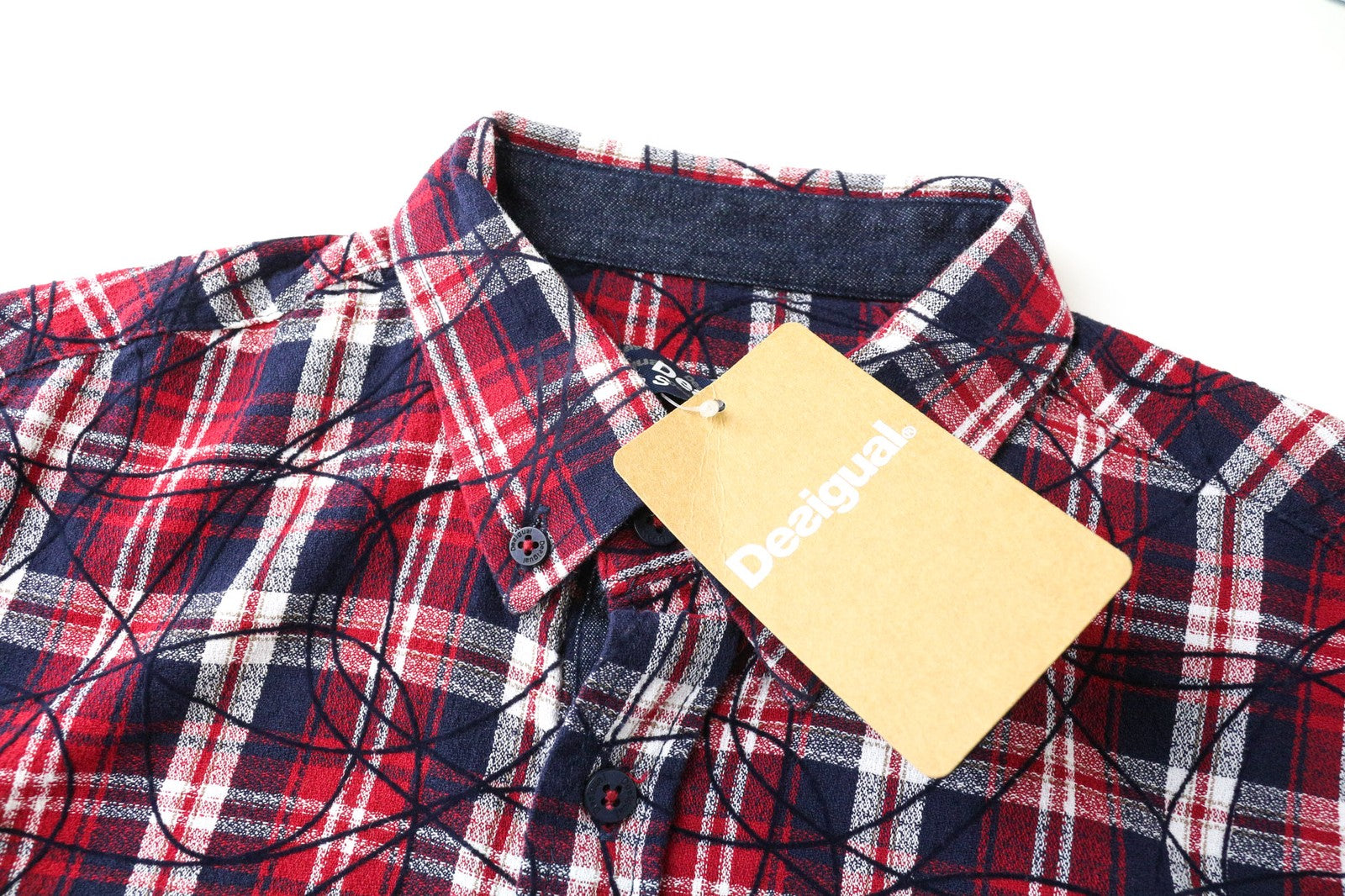 DESIGUAL Juli Men's Shirt S Red Cotton Checked Long Sleeve Pocket Casual