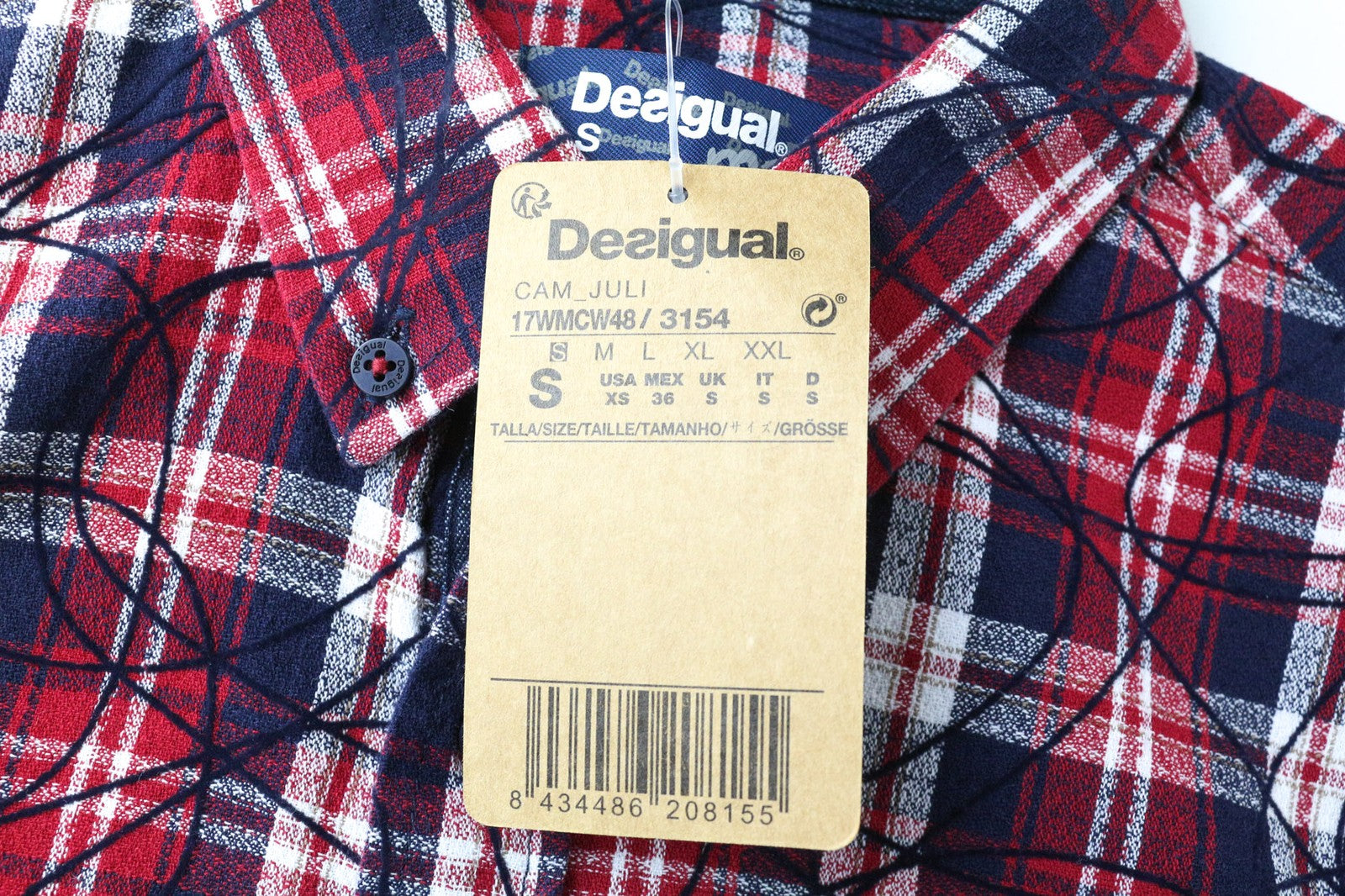 DESIGUAL Juli Men's Shirt S Red Cotton Checked Long Sleeve Pocket Casual