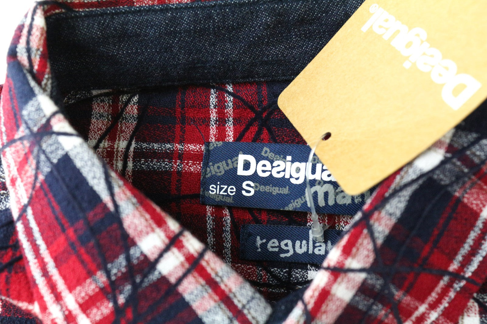 DESIGUAL Juli Men's Shirt S Red Cotton Checked Long Sleeve Pocket Casual