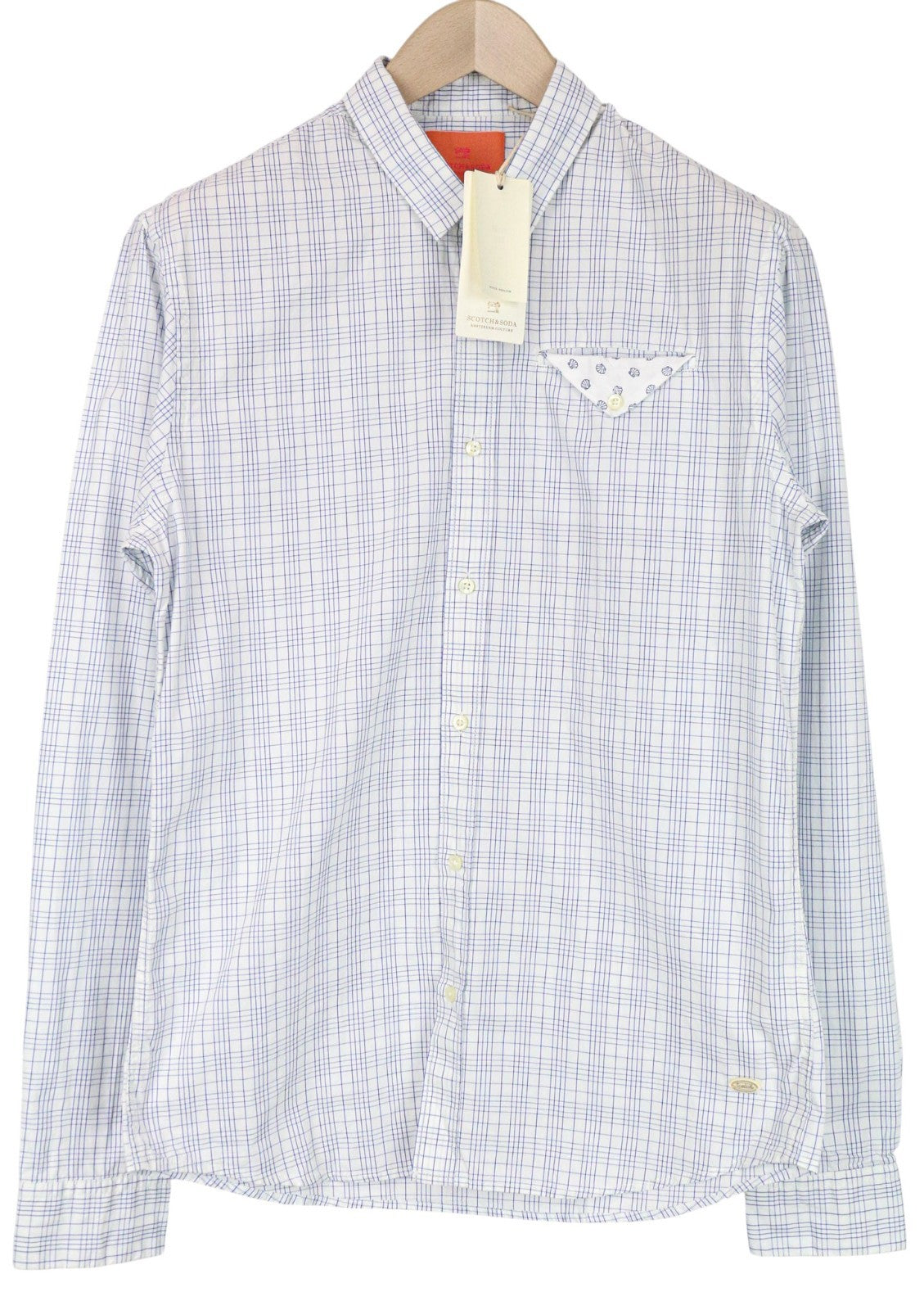 SCOTCH & SODA Men Shirt M Light Blue Slim Check Pure Cotton Melange Button Up