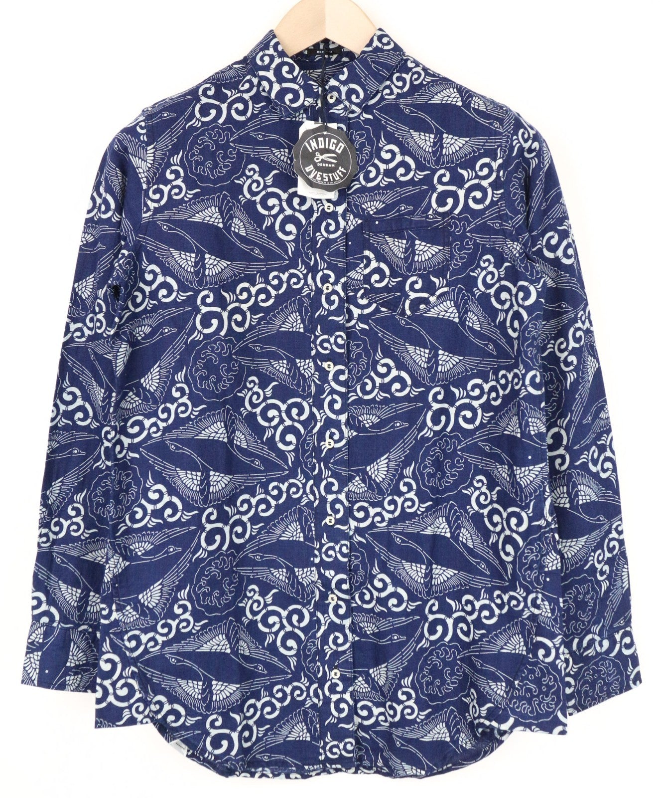 DENHAM Women Shirt XS Indigo Blue Patterned Melange Cotton Linen Blend Classic