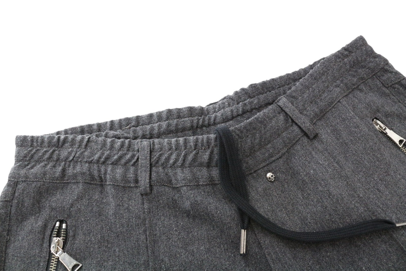 RICHMOND Men Trousers L Grey Melange Drawstrings Stretch Wool Blend Classic