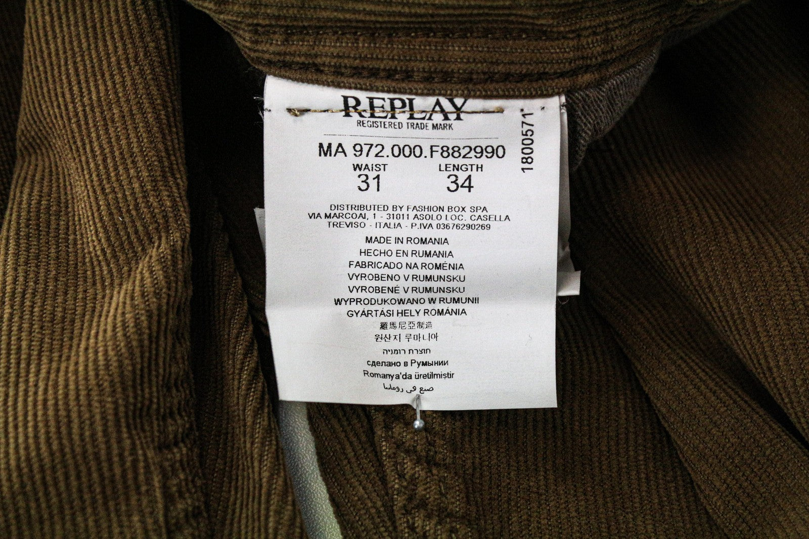 REPLAY Grover Men's Trousers W31/L34 Straight Fit Corduroy Brown Cotton Blend