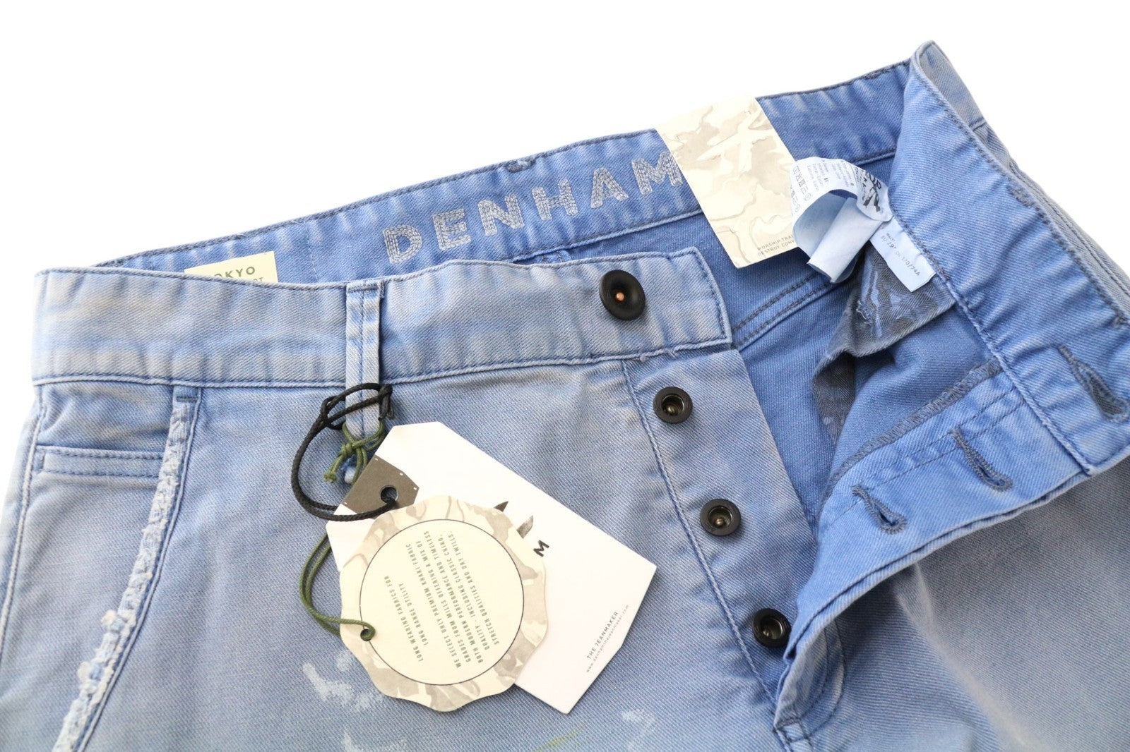 DENHAM Tokyo Men Trousers W29/L32 Blue Drop Carrot Button-Fly Distress Painted