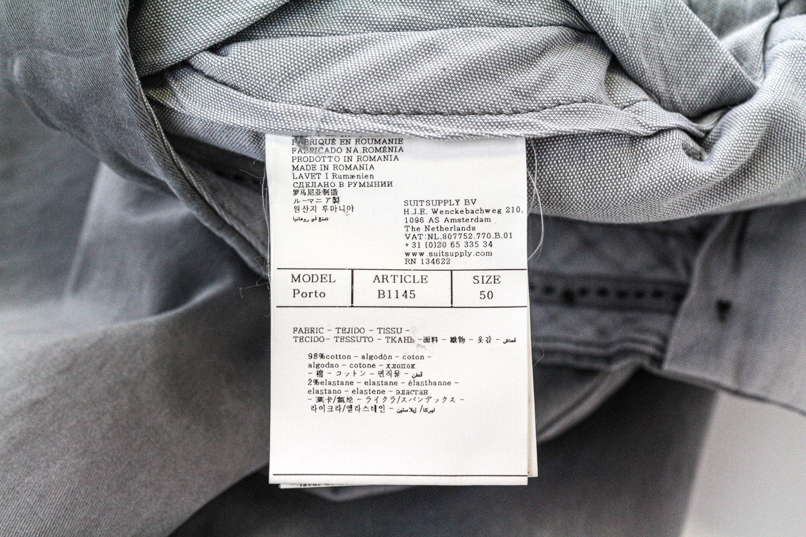 SUITSUPPLY Porto Men Trousers UK40R Grey Cotton Stretch Flat Front Formal
