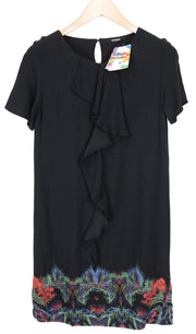 DESIGUAL Octavio Women's Dress 36 Black Pattern Frilled Short Sleeve Style