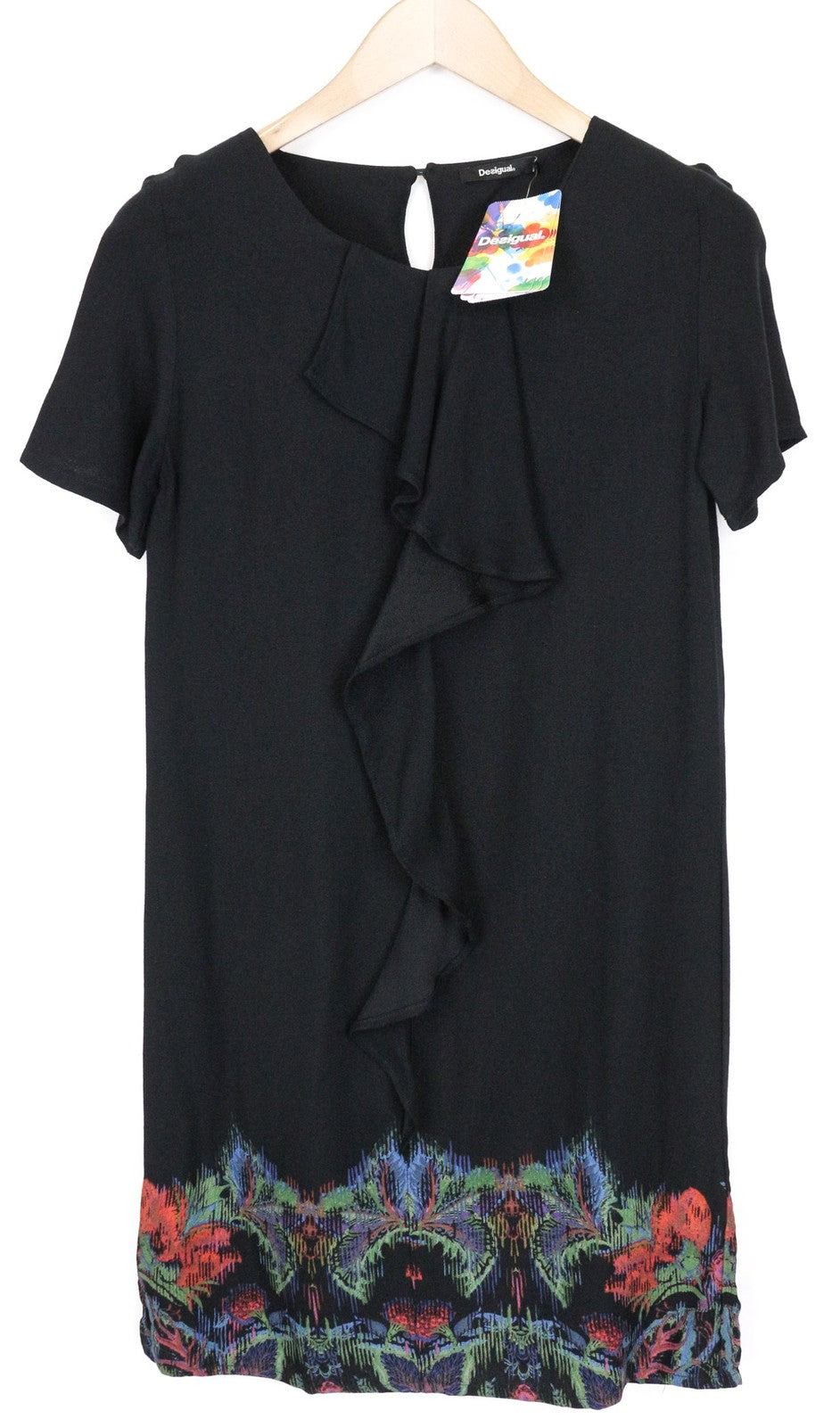 DESIGUAL Octavio Women's Dress 36 Black Pattern Frilled Short Sleeve Style