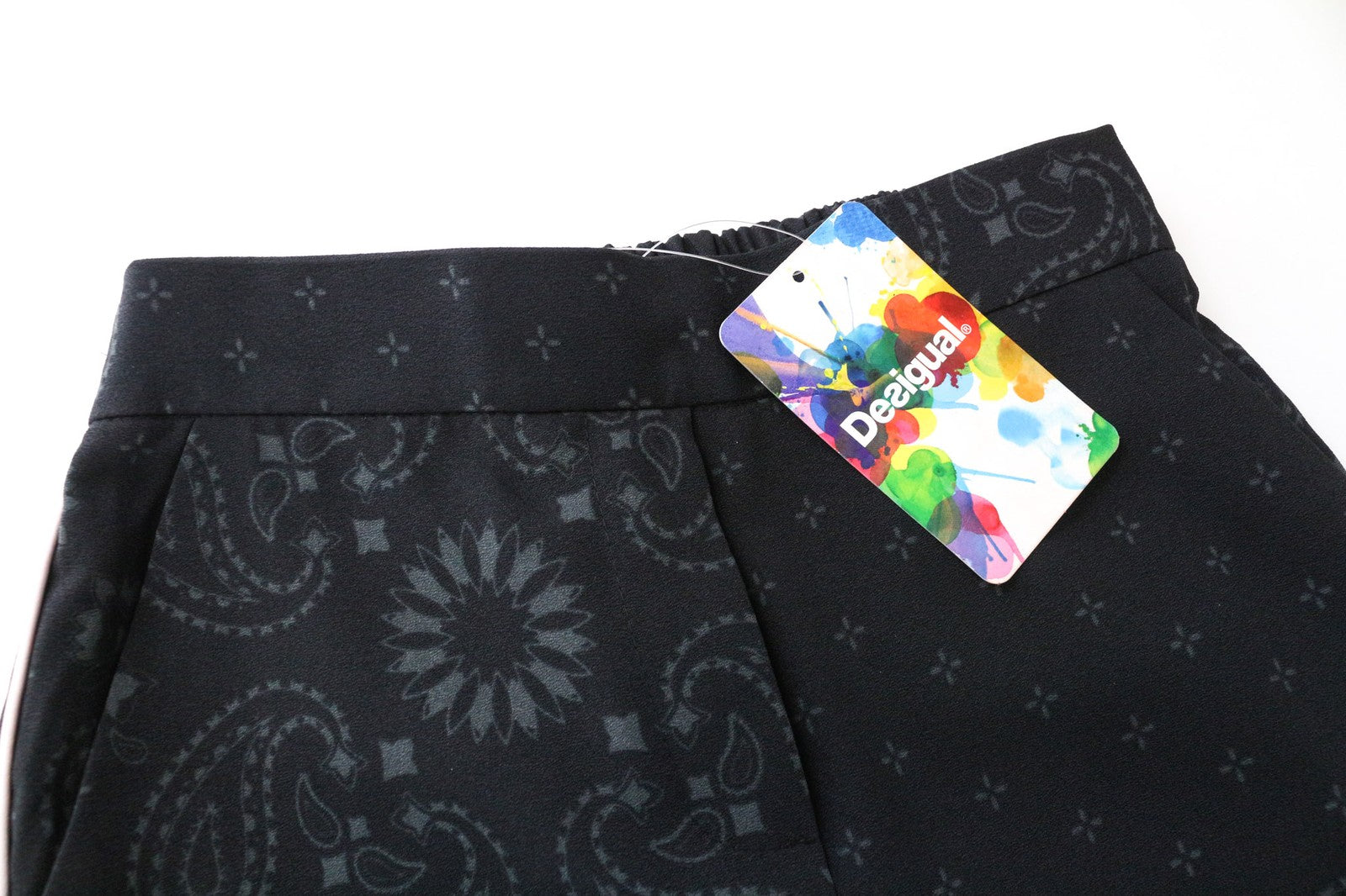 DESIGUAL Enya Women's Pants UK6 Black Patterned Pleated Lightweight Casual