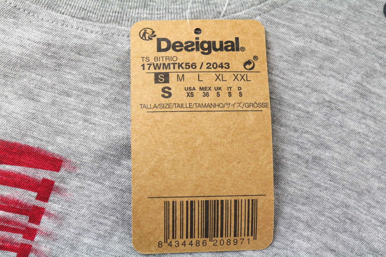 DESIGUAL Bitrio Men's Top S Grey Cotton Blend Logo Long Sleeve Pullover