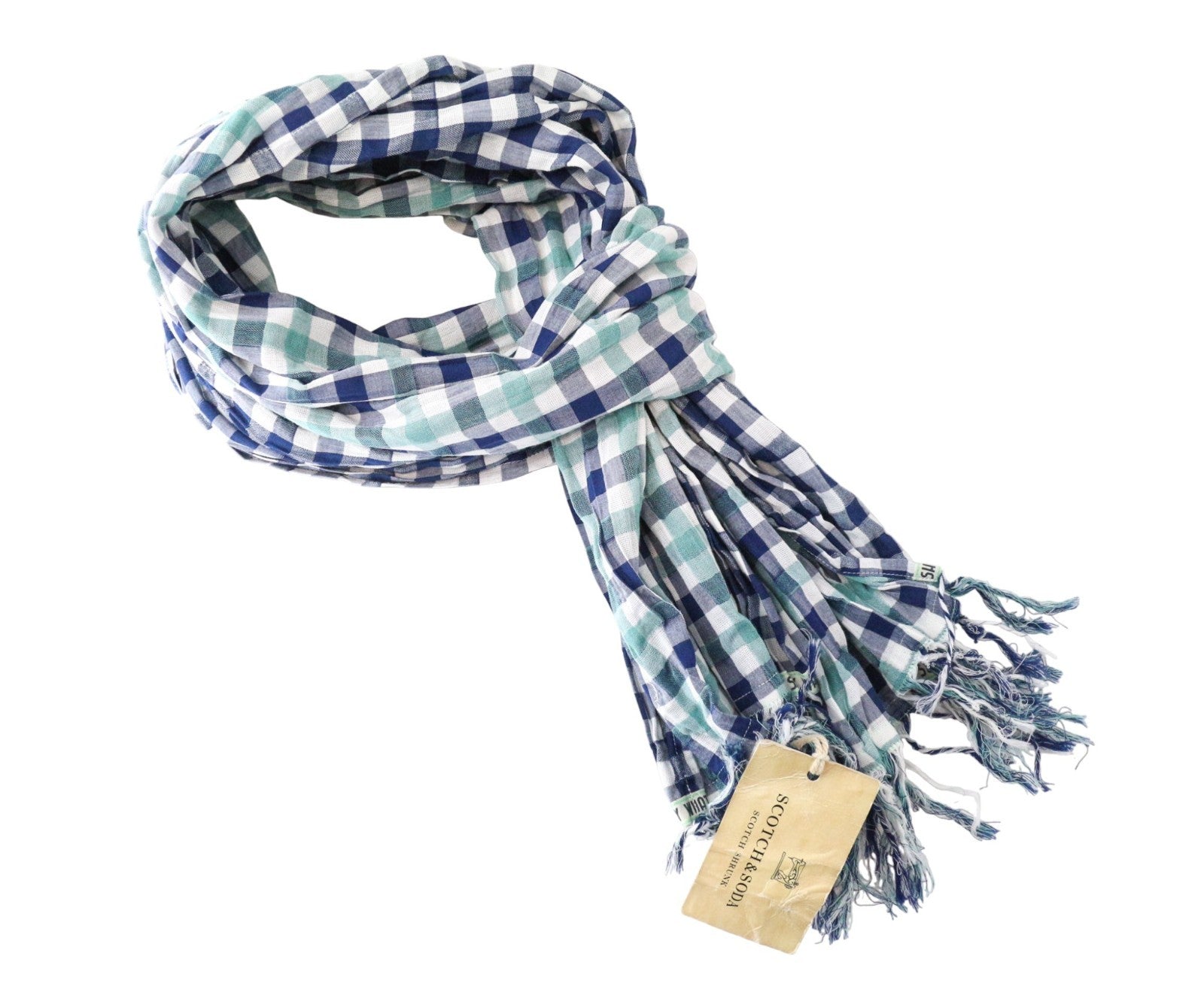 SCOTCH SHRUNK Boys/Men's Scarf OS Blue Pure Cotton Checked Lightweight