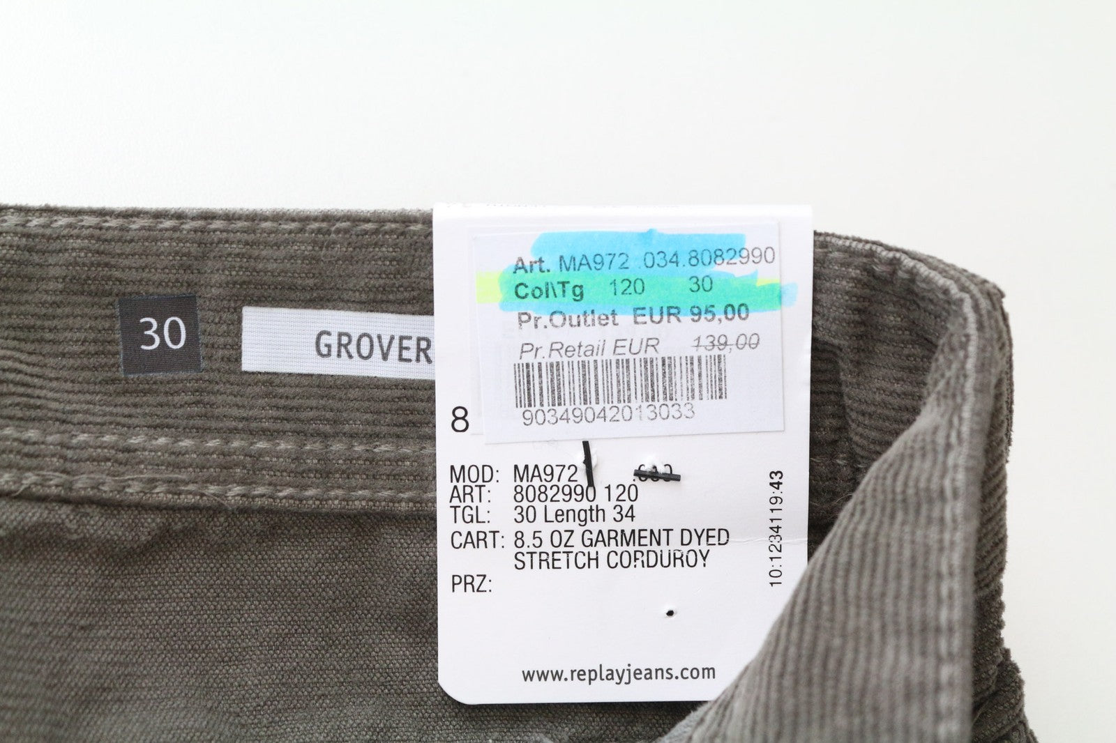 REPLAY Grover Men's Trousers W30/L34 Straight Corduroy Brown Grey Cotton Stretch