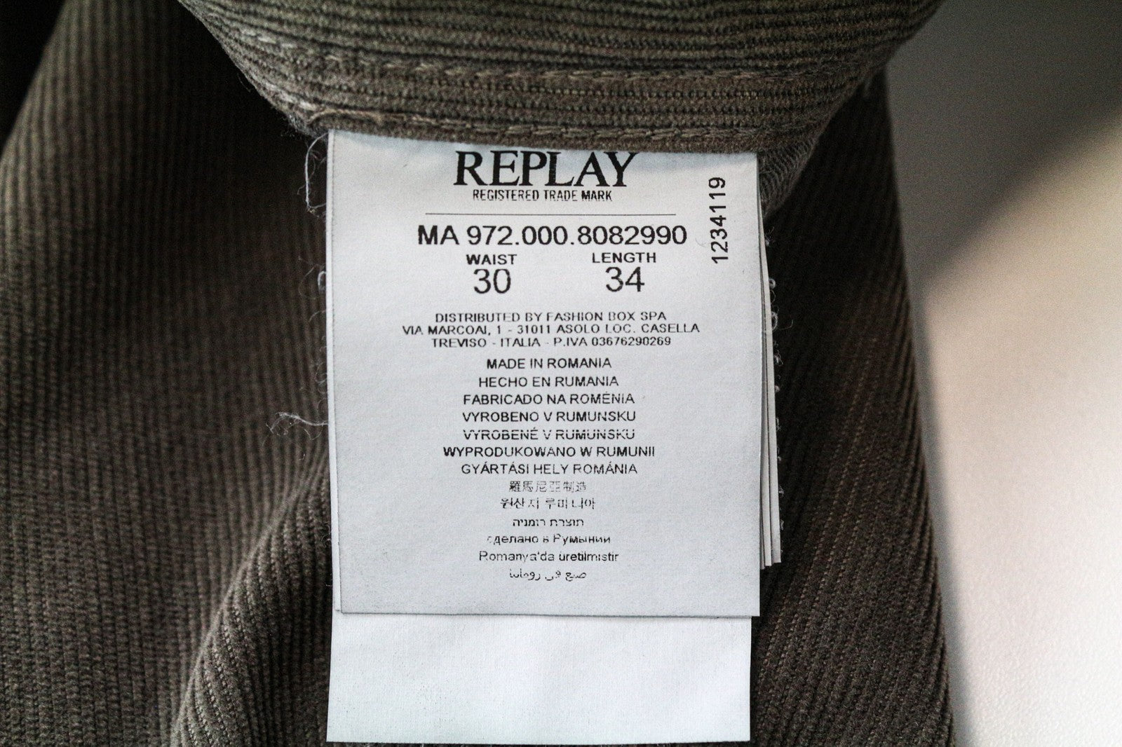 REPLAY Grover Men's Trousers W30/L34 Straight Corduroy Brown Grey Cotton Stretch