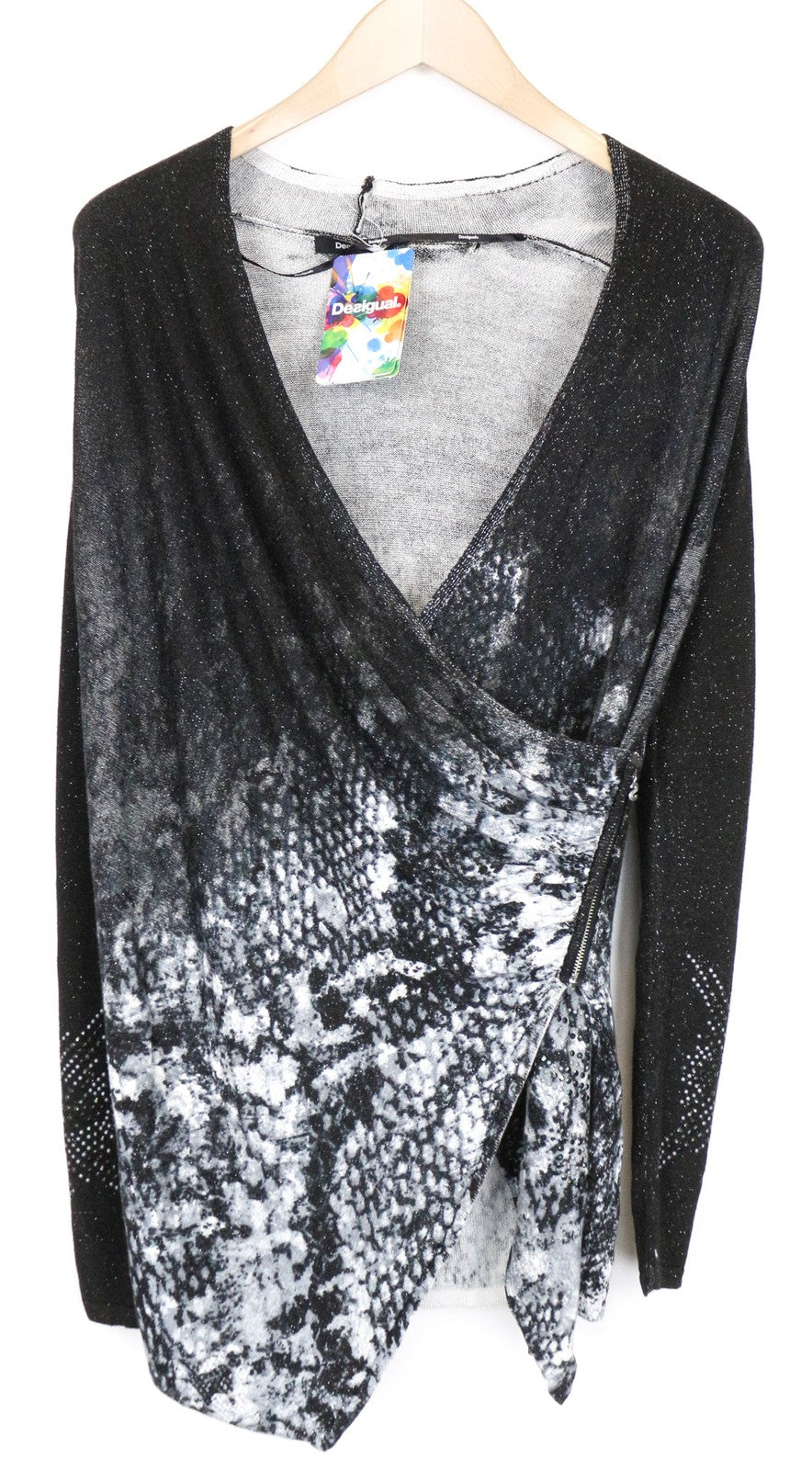 DESIGUAL Baku Women's Sweatshirt XS Grey Black Pattern Shiny V-Neck Top