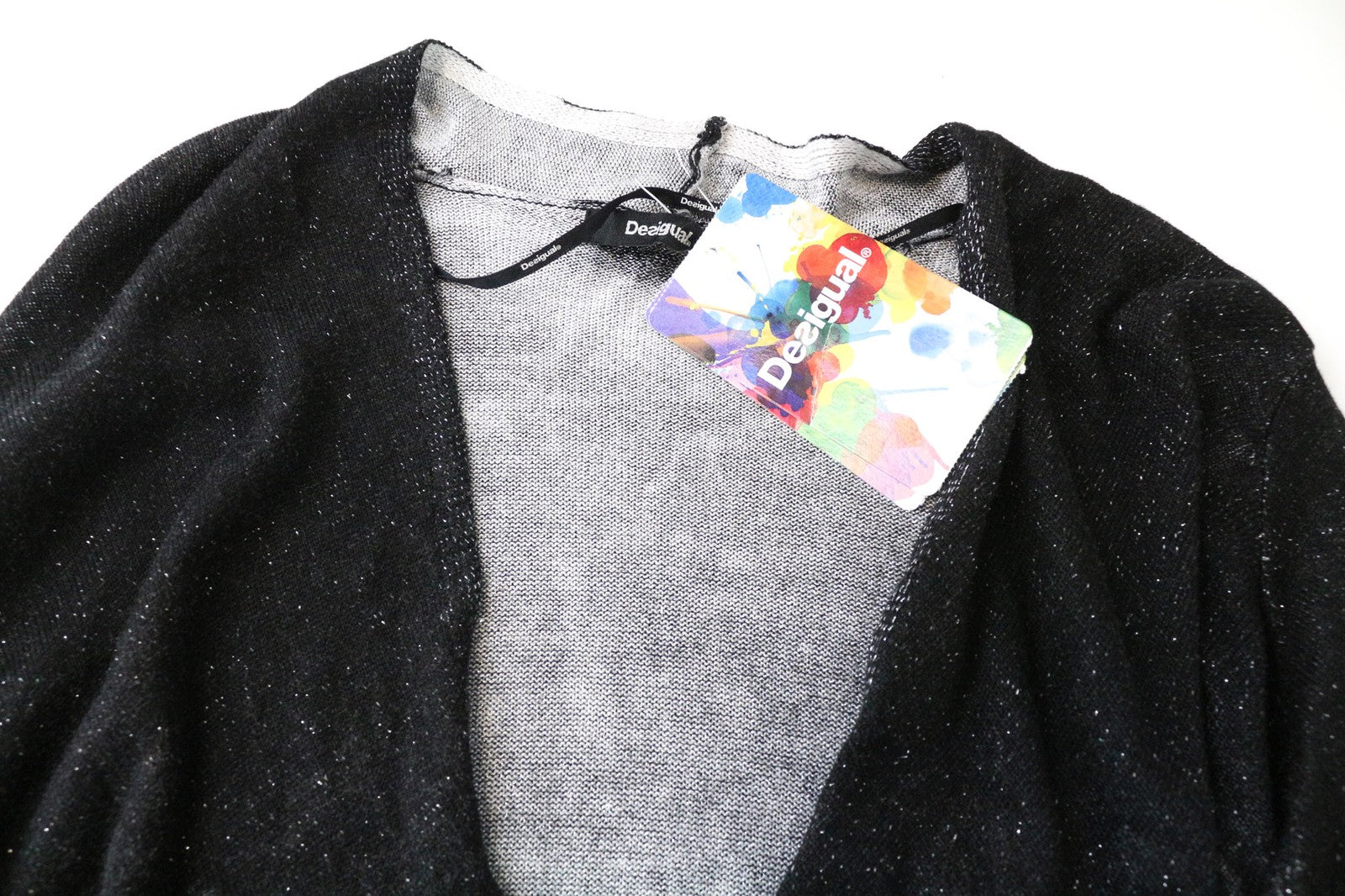 DESIGUAL Baku Women's Sweatshirt XS Grey Black Pattern Shiny V-Neck Top