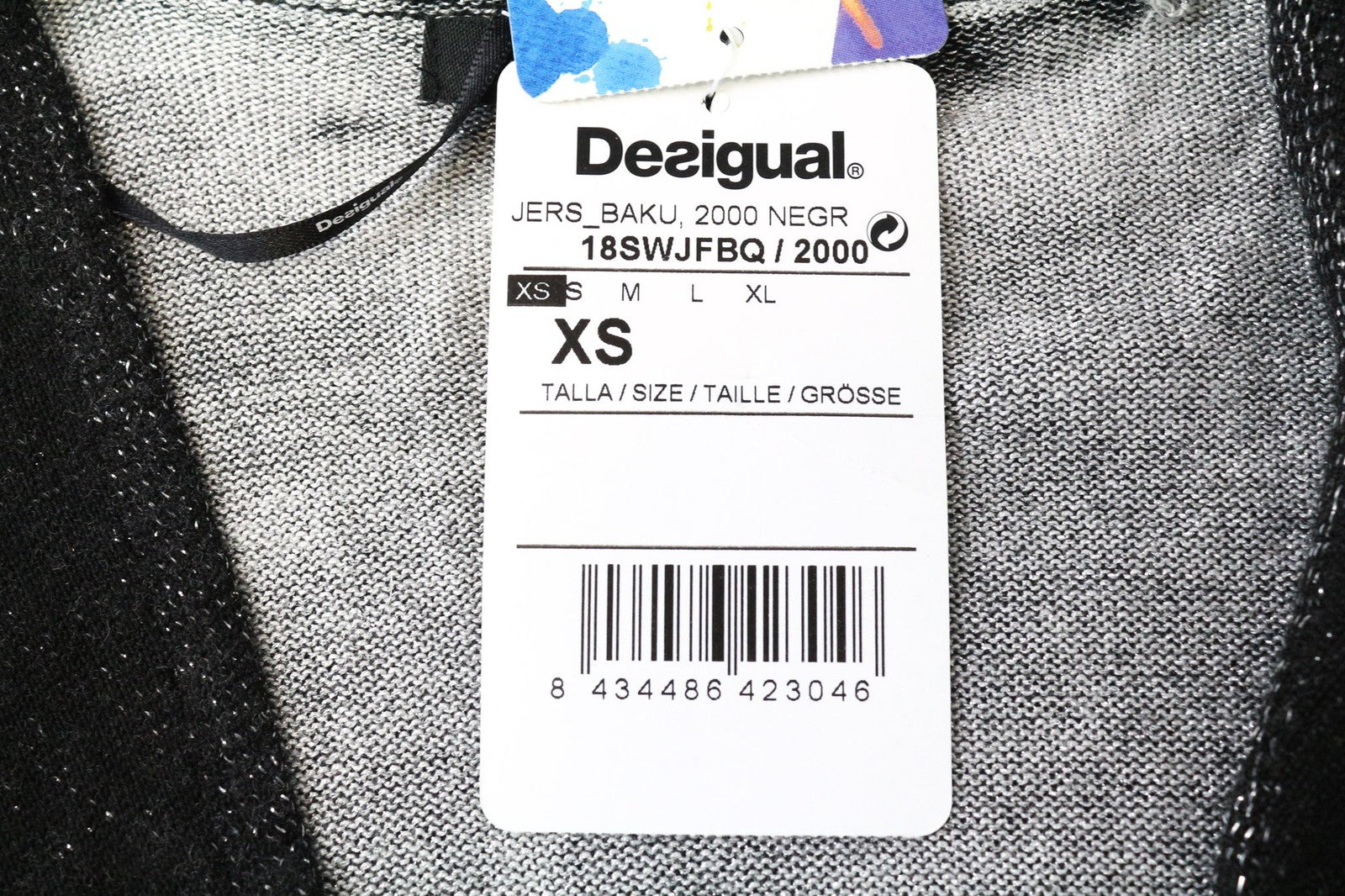 DESIGUAL Baku Women's Sweatshirt XS Grey Black Pattern Shiny V-Neck Top